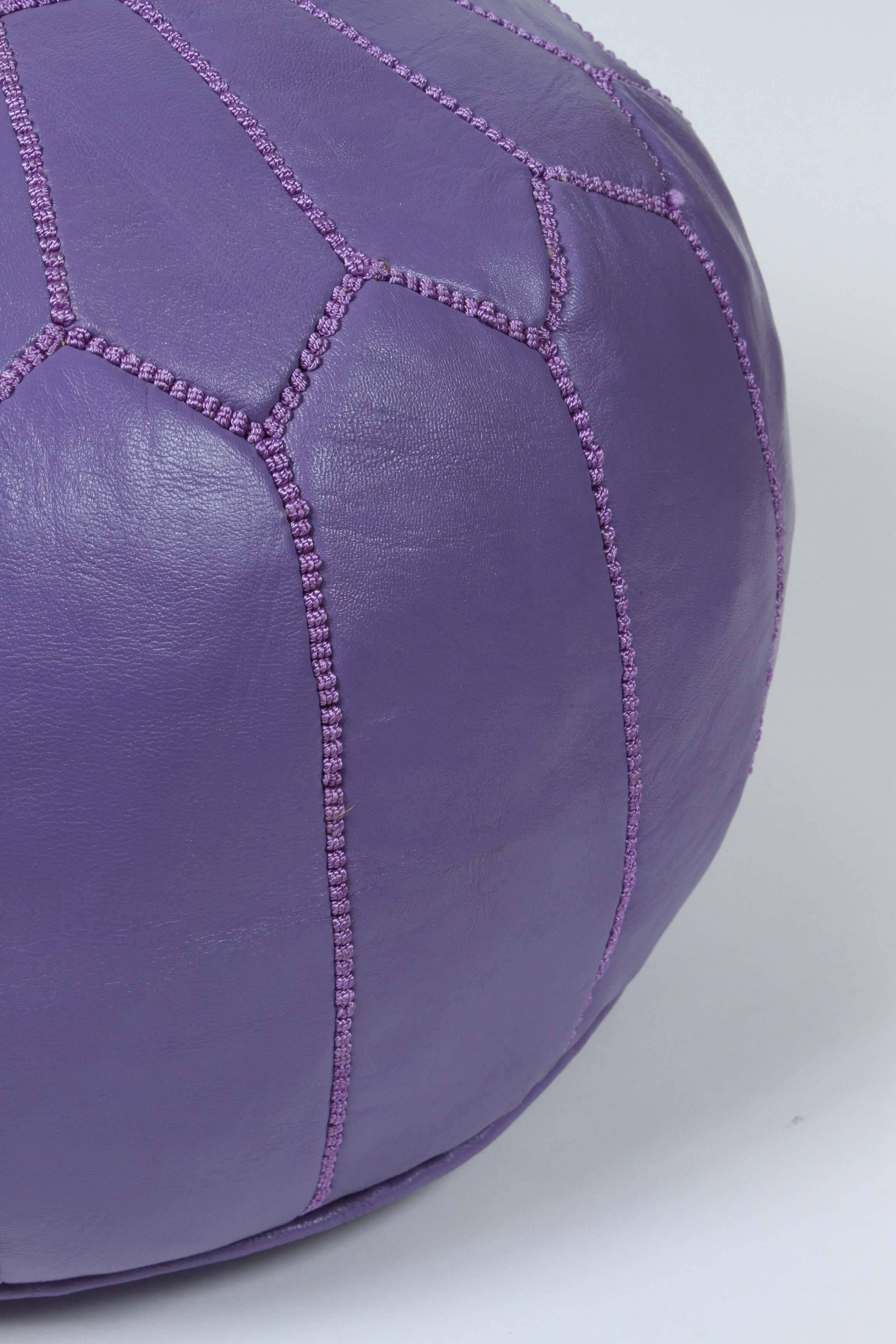 Moorish Hand-Tooled Moroccan Lavender Color Leather Pouf For Sale