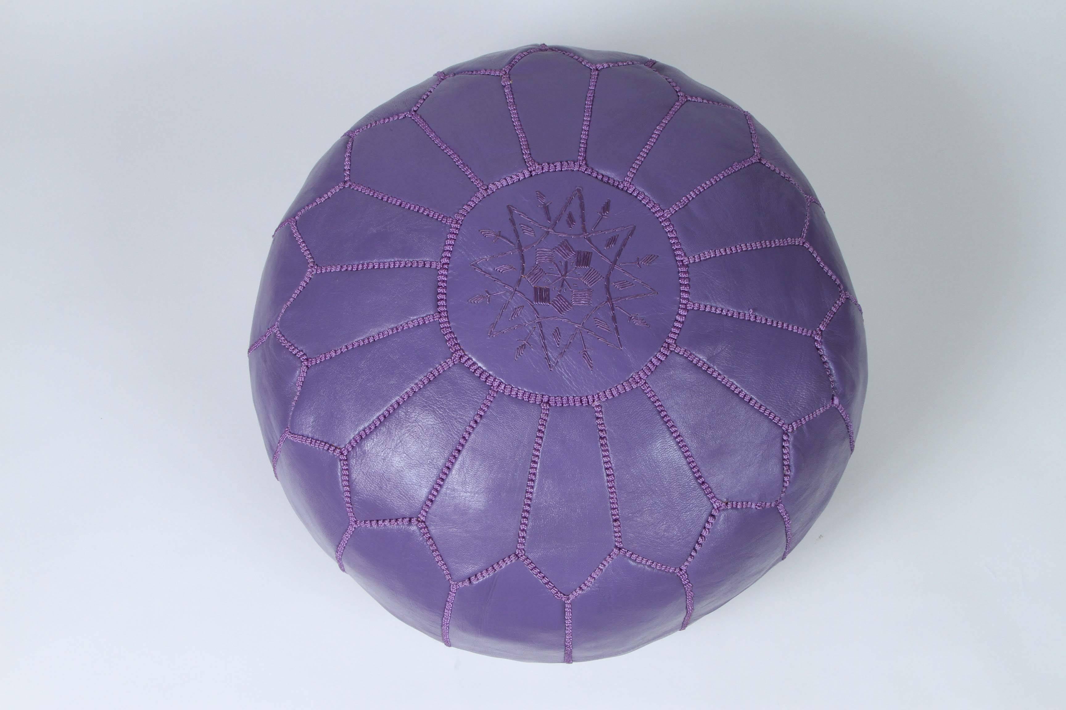 Hand-Crafted Hand-Tooled Moroccan Lavender Color Leather Pouf For Sale