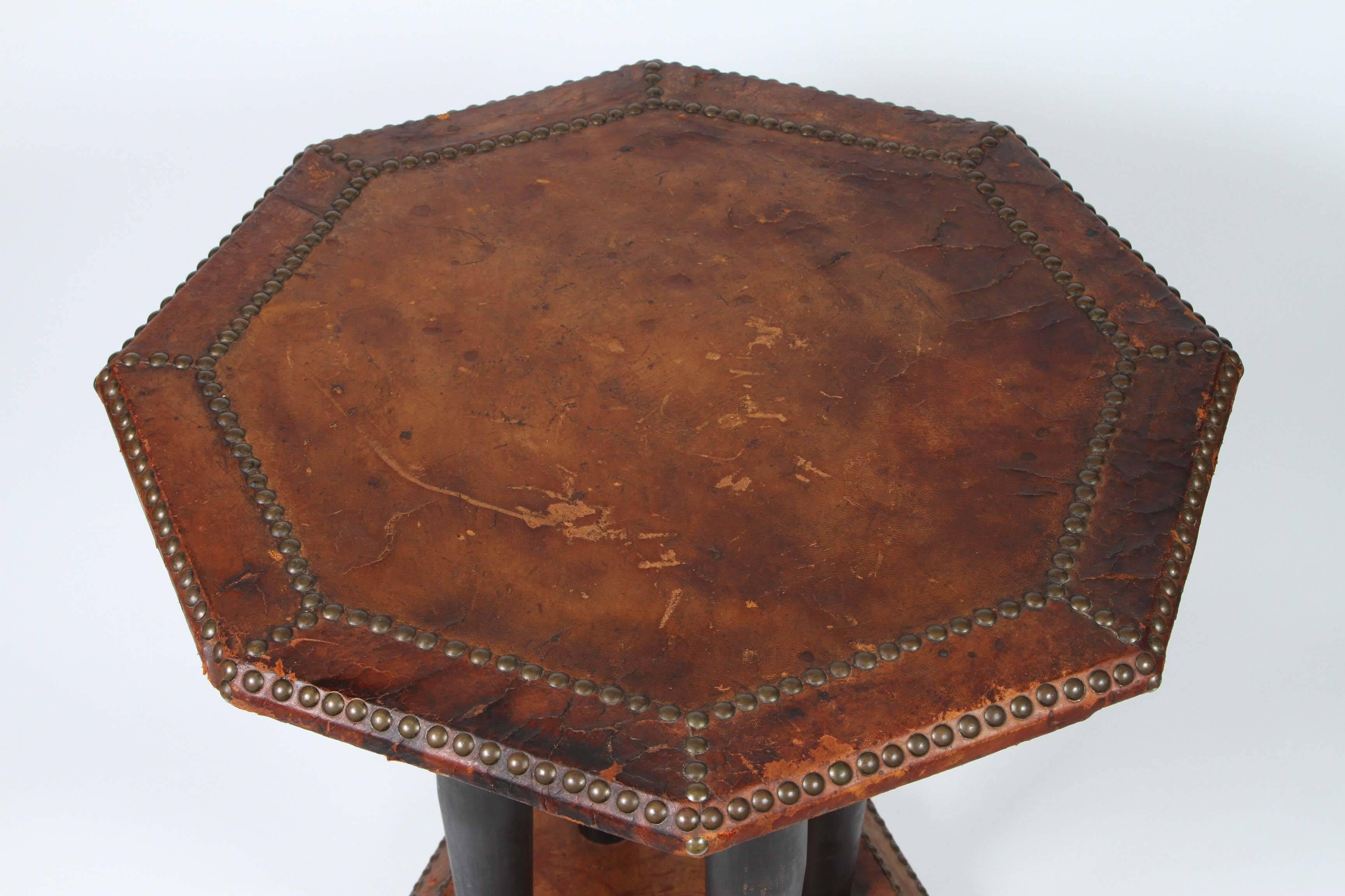 Antique French Art Deco Octagonal Brown Leather Studded Side Table In Good Condition In North Hollywood, CA