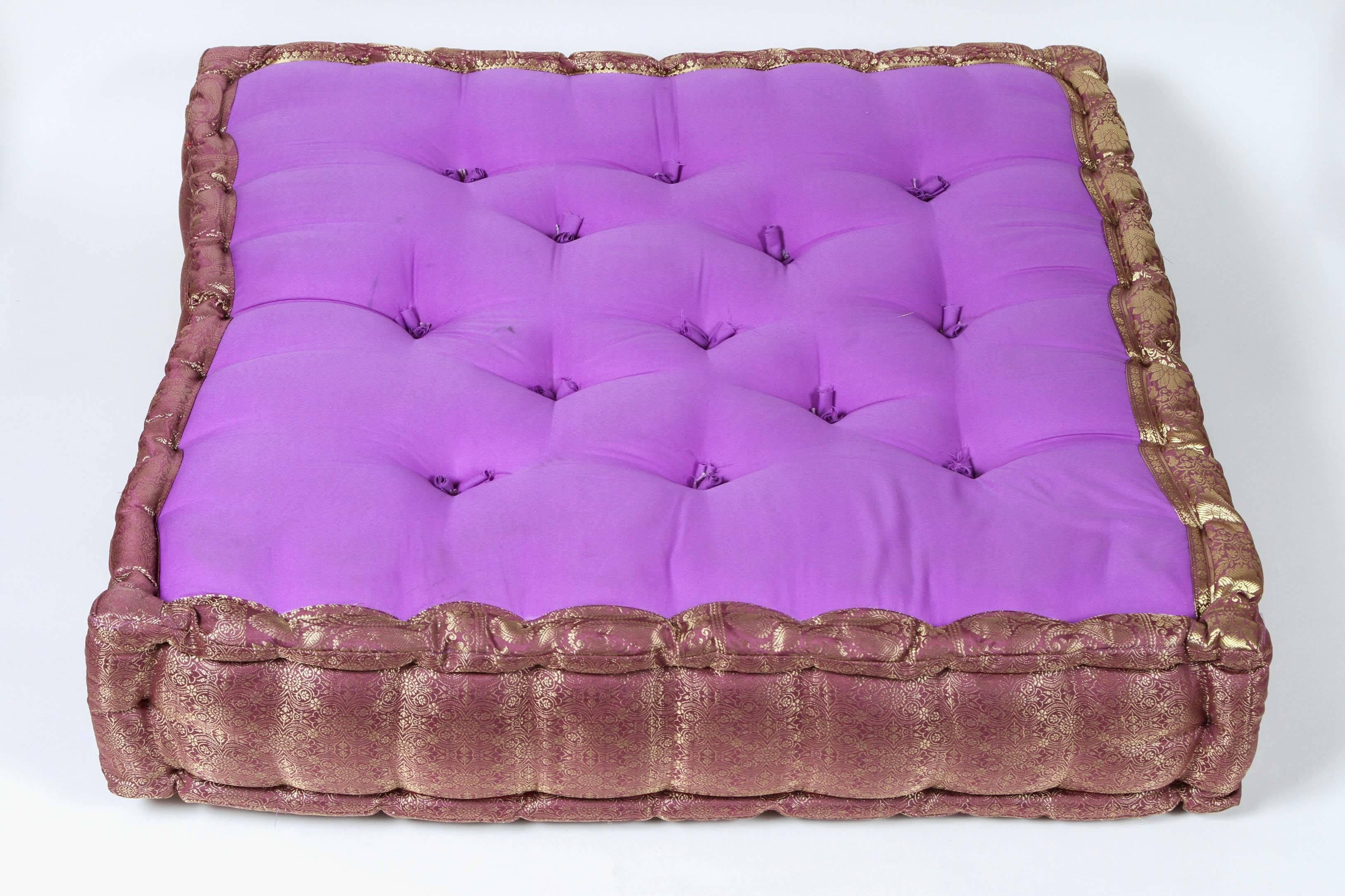 Indian Oversized Silk Square Mauve and Gold Tufted Moroccan Floor Pillow