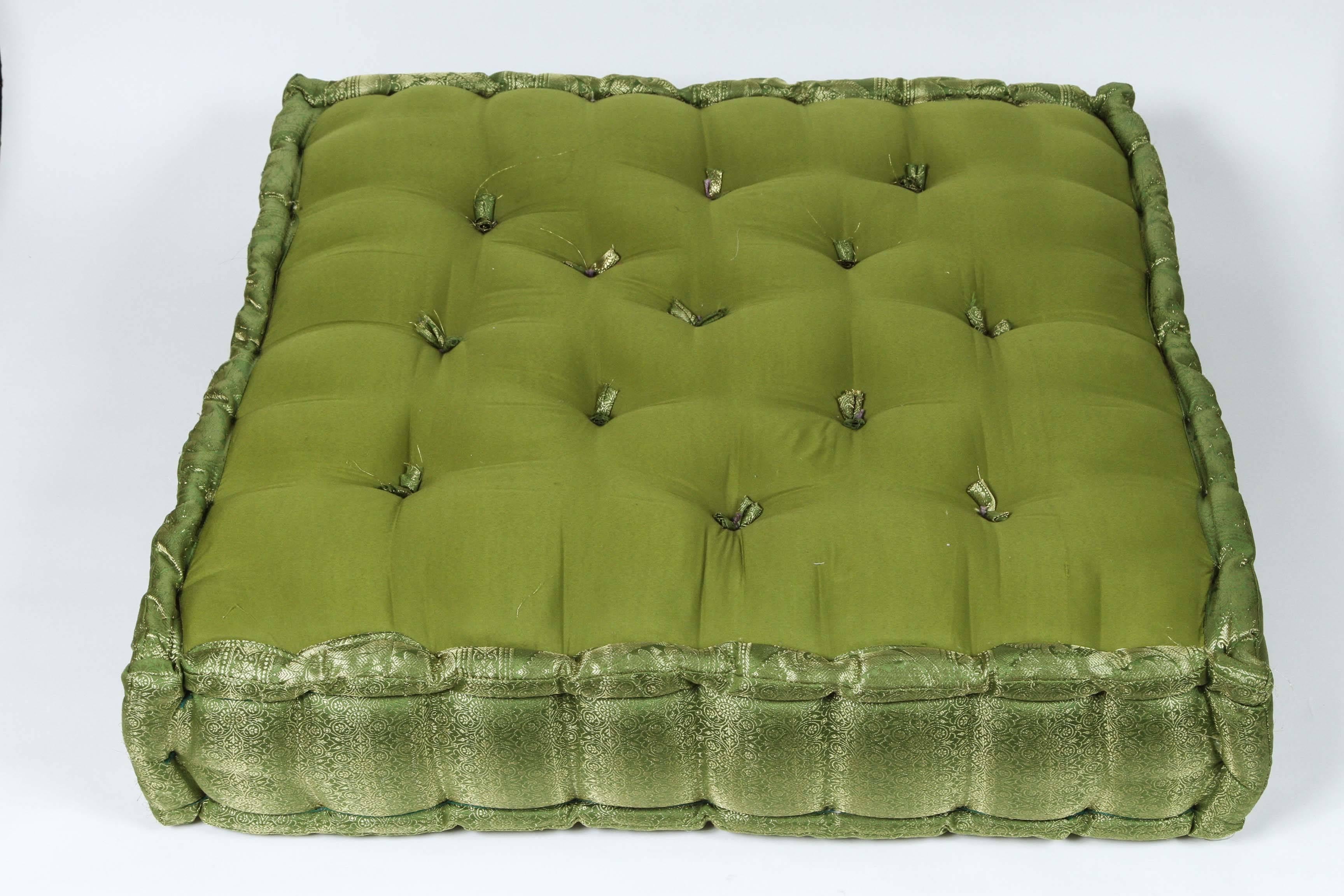 Bohemian Oversized Silk Square Green Tufted Moroccan Floor Pillow Cushion