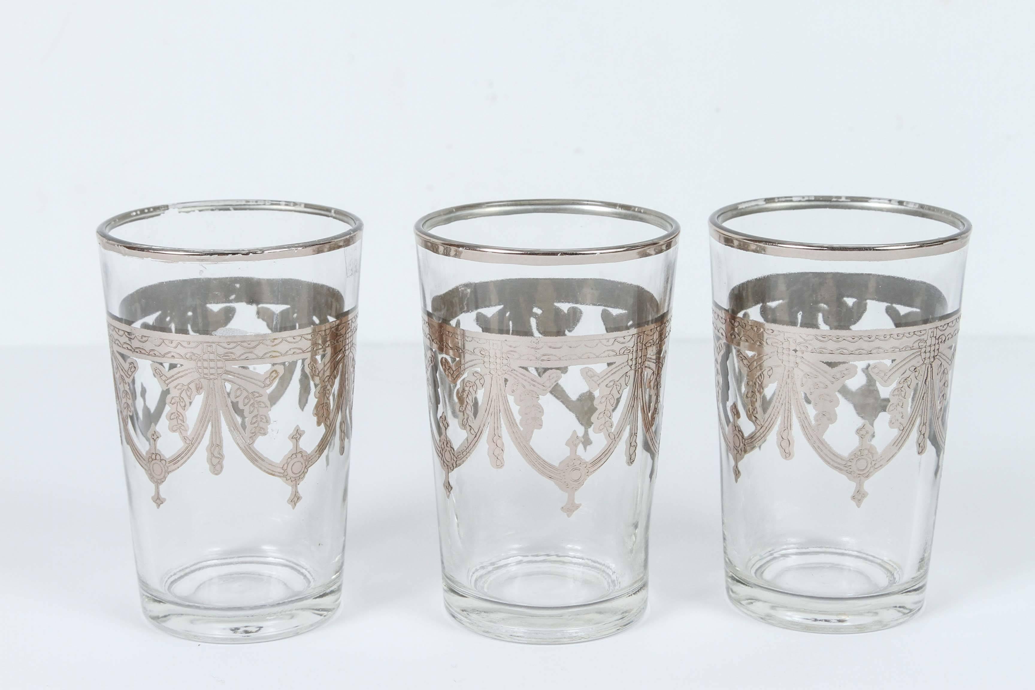 Moroccan Tea Glasses Set of Six Clear and Silver Overlaid In Good Condition In North Hollywood, CA
