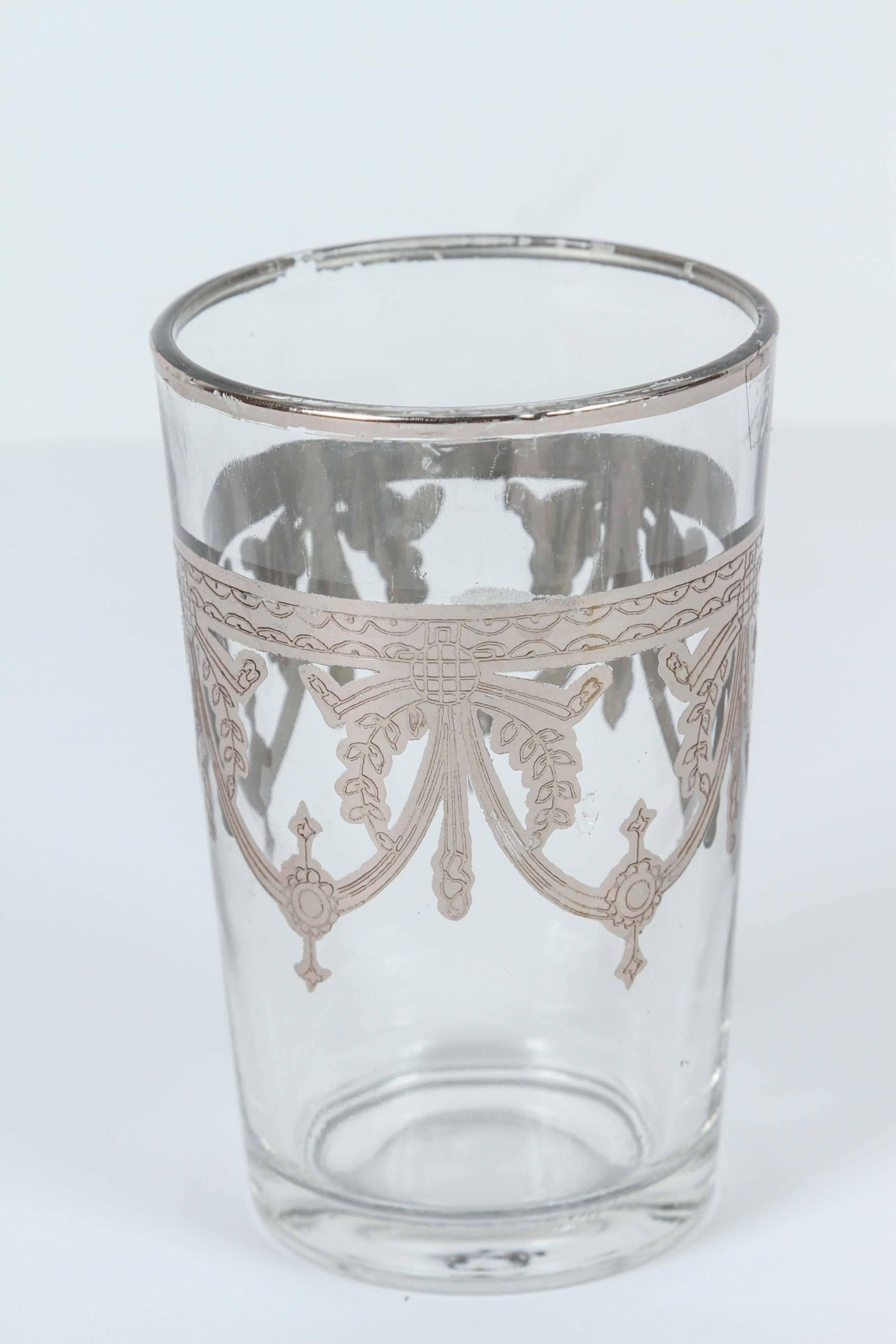 20th Century Moroccan Tea Glasses Set of Six Clear and Silver Overlaid