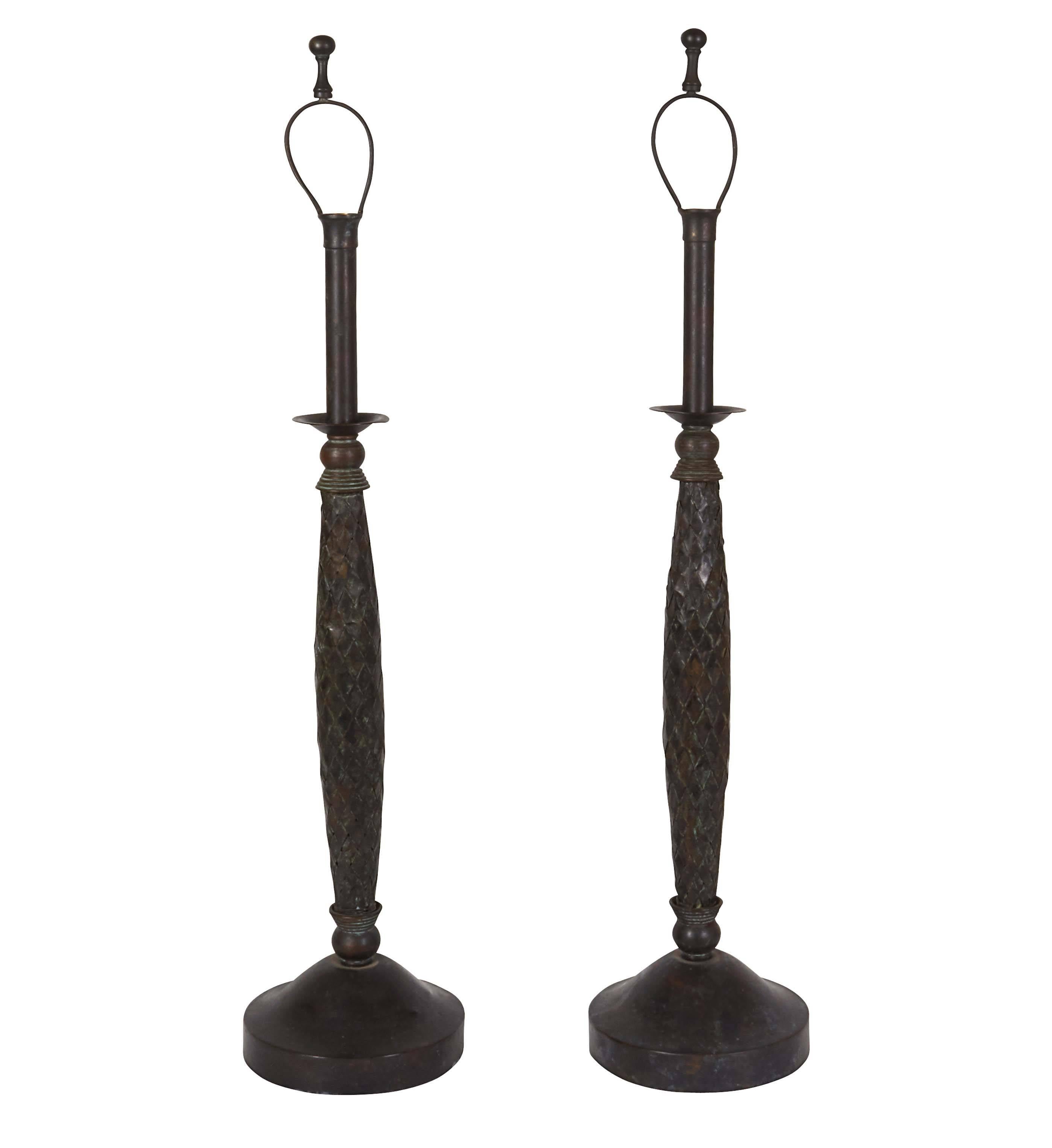 Pair of Maitland-Smith Candlestick Lamps in Patinated Woven Copper