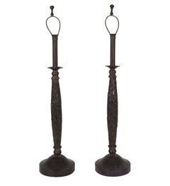 Used Pair of Maitland-Smith Candlestick Lamps in Patinated Woven Copper