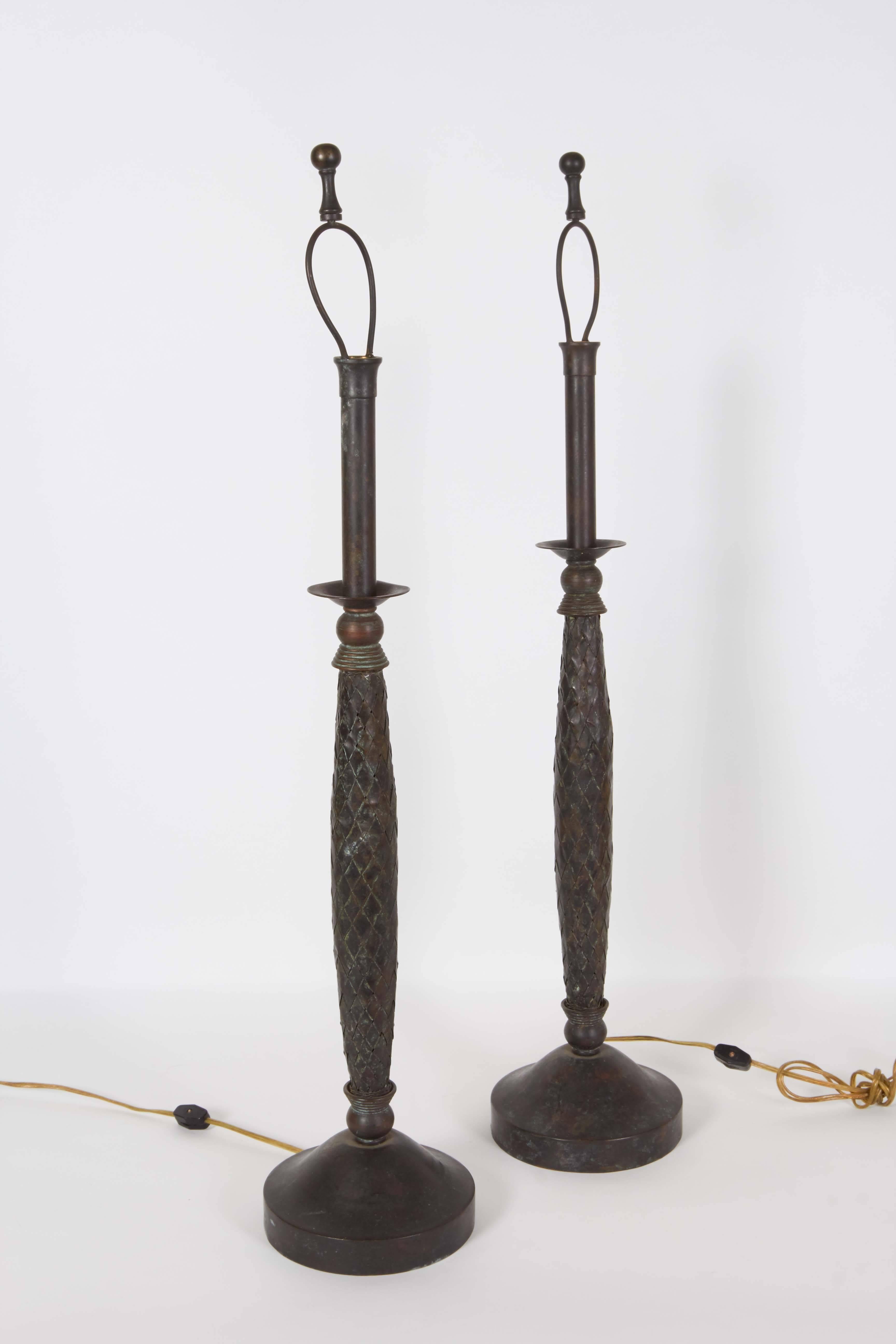 20th Century Pair of Maitland-Smith Candlestick Lamps in Patinated Woven Copper For Sale