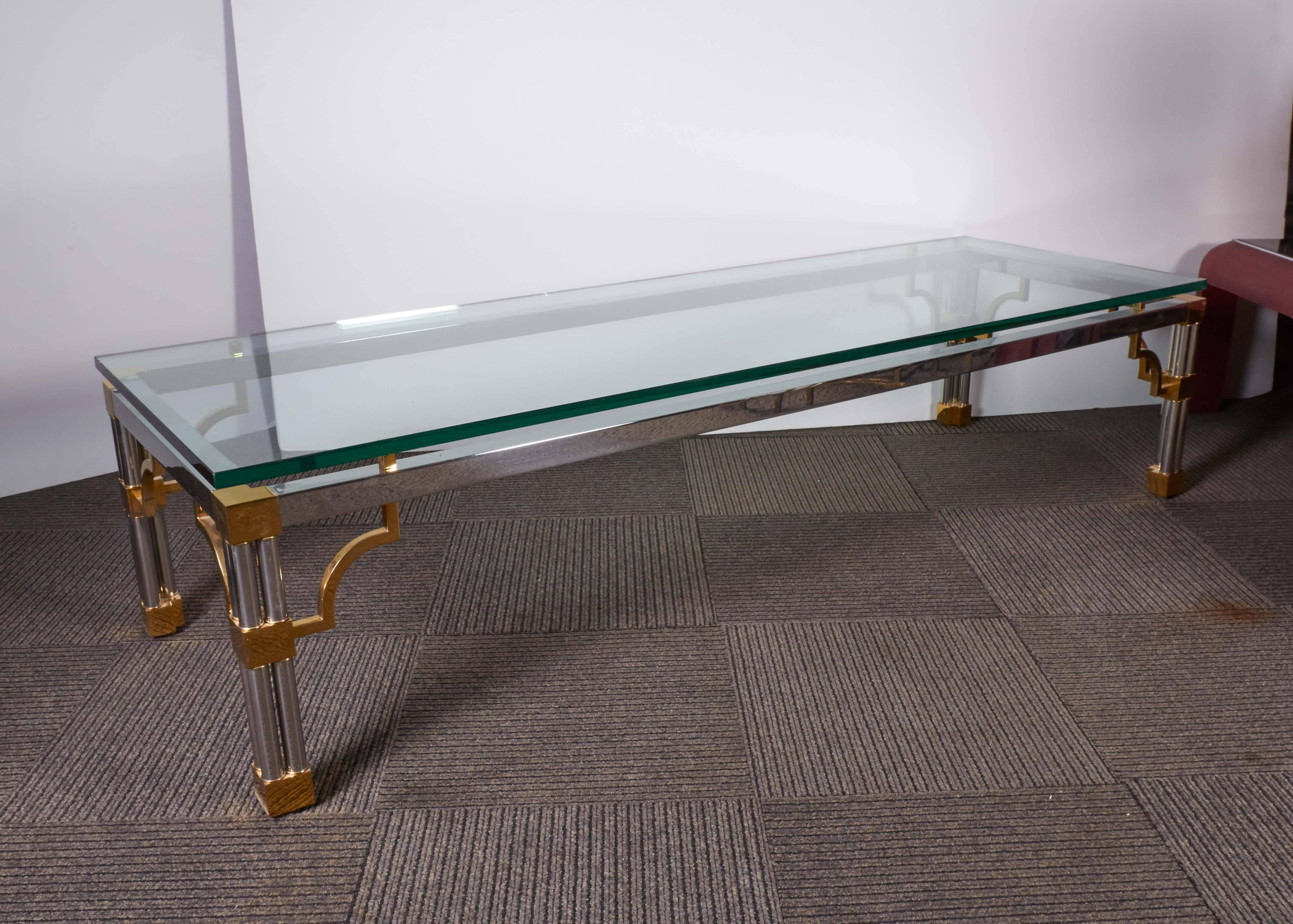 Mid-Century Modern 1960s Chrome Coffee Table with Brass Fretwork Accent