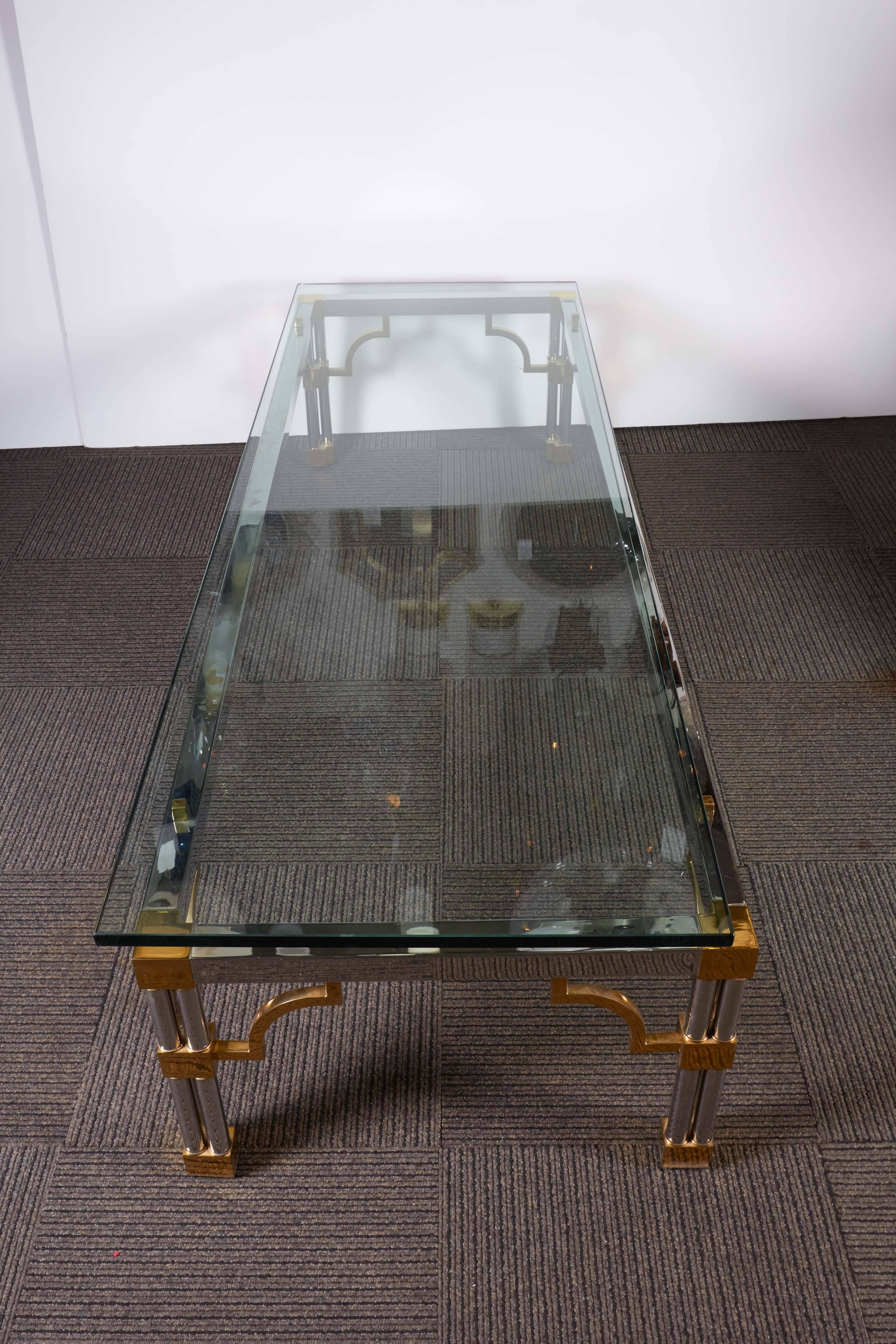 Mid-20th Century 1960s Chrome Coffee Table with Brass Fretwork Accent