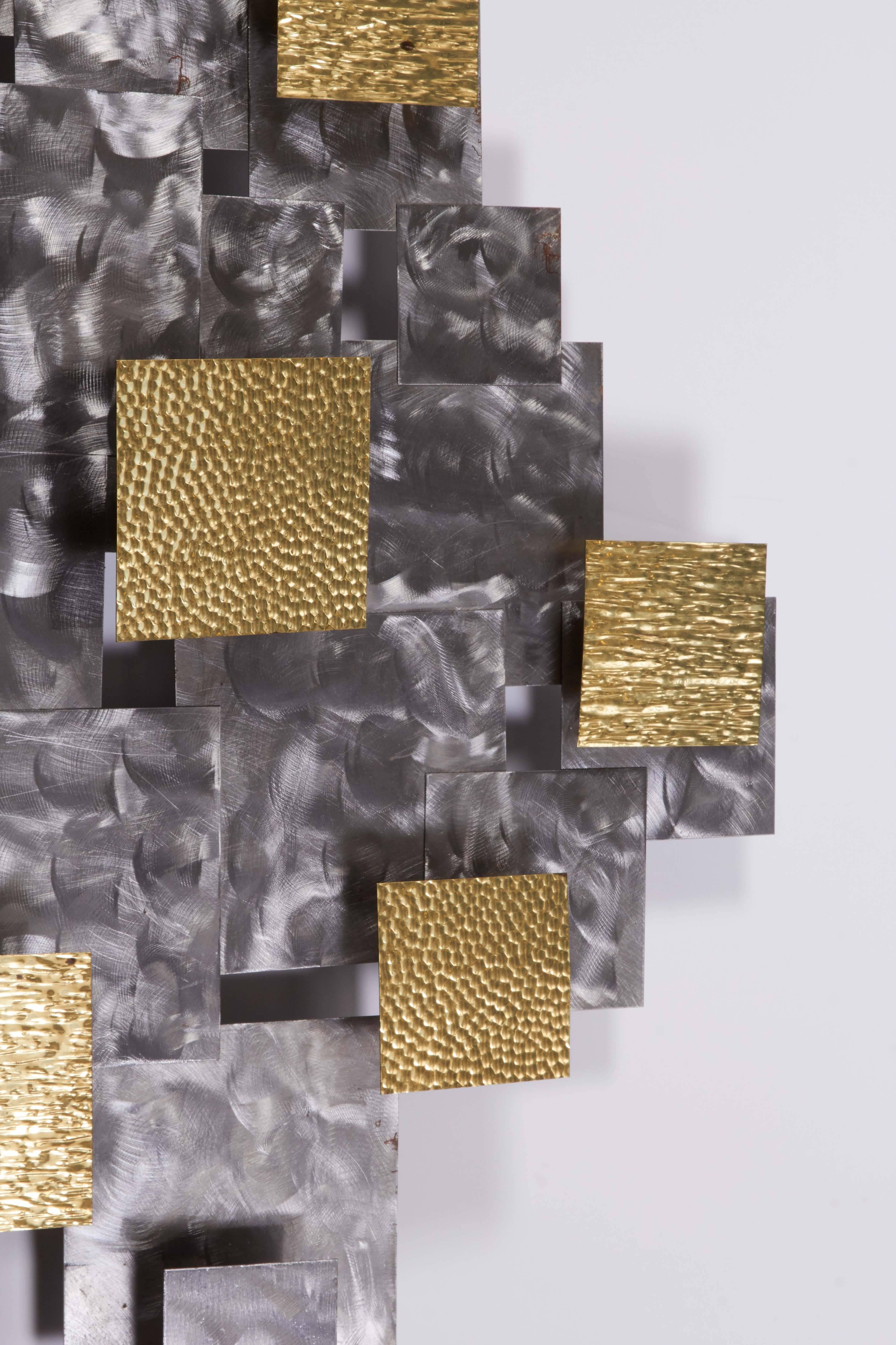 Curtis Jere Style Brutalist Geometric Wall Sculpture in Steel and Brass In Good Condition In New York, NY
