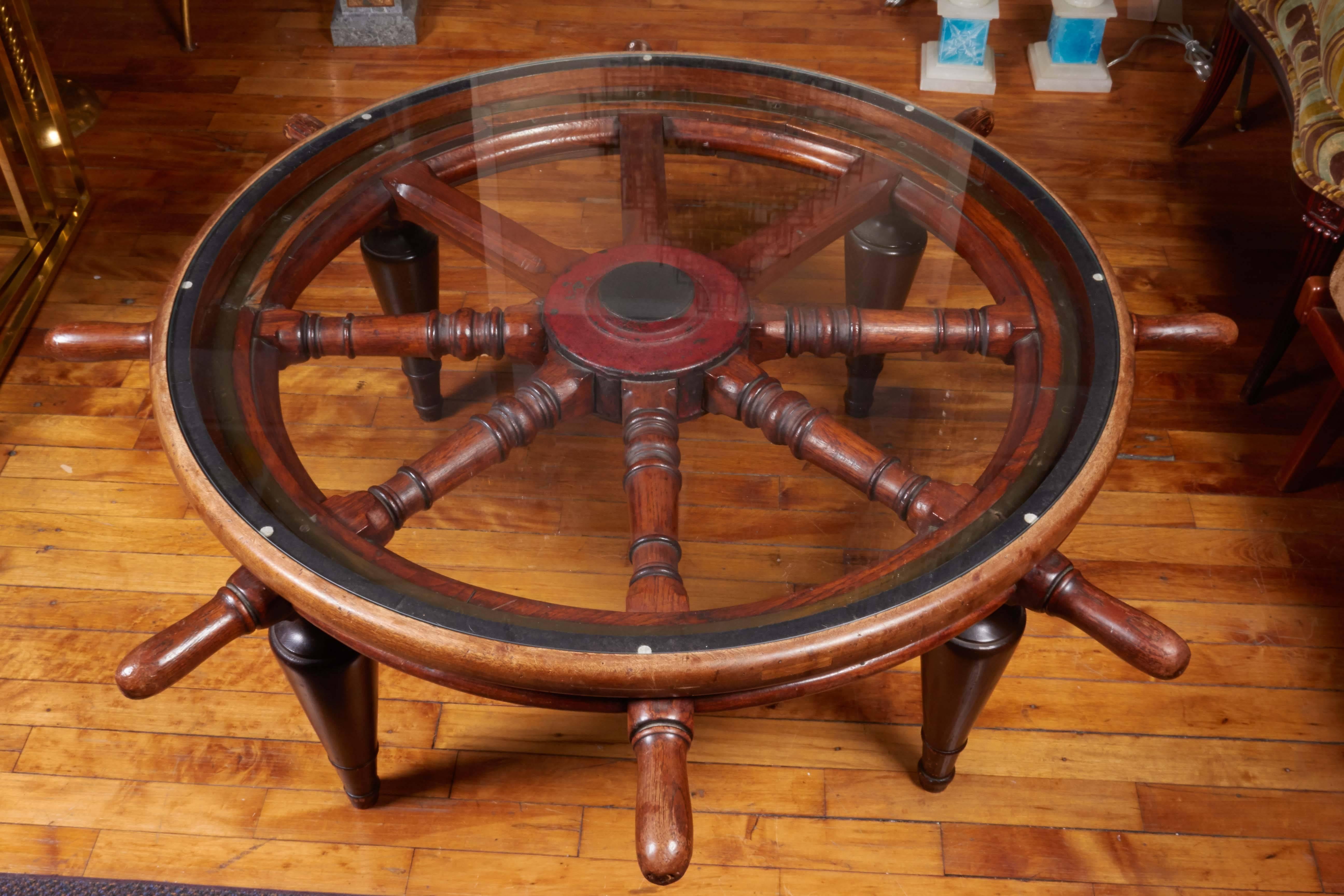 Victorian Antique Ship's Wheel as Coffee Table with Glass Top