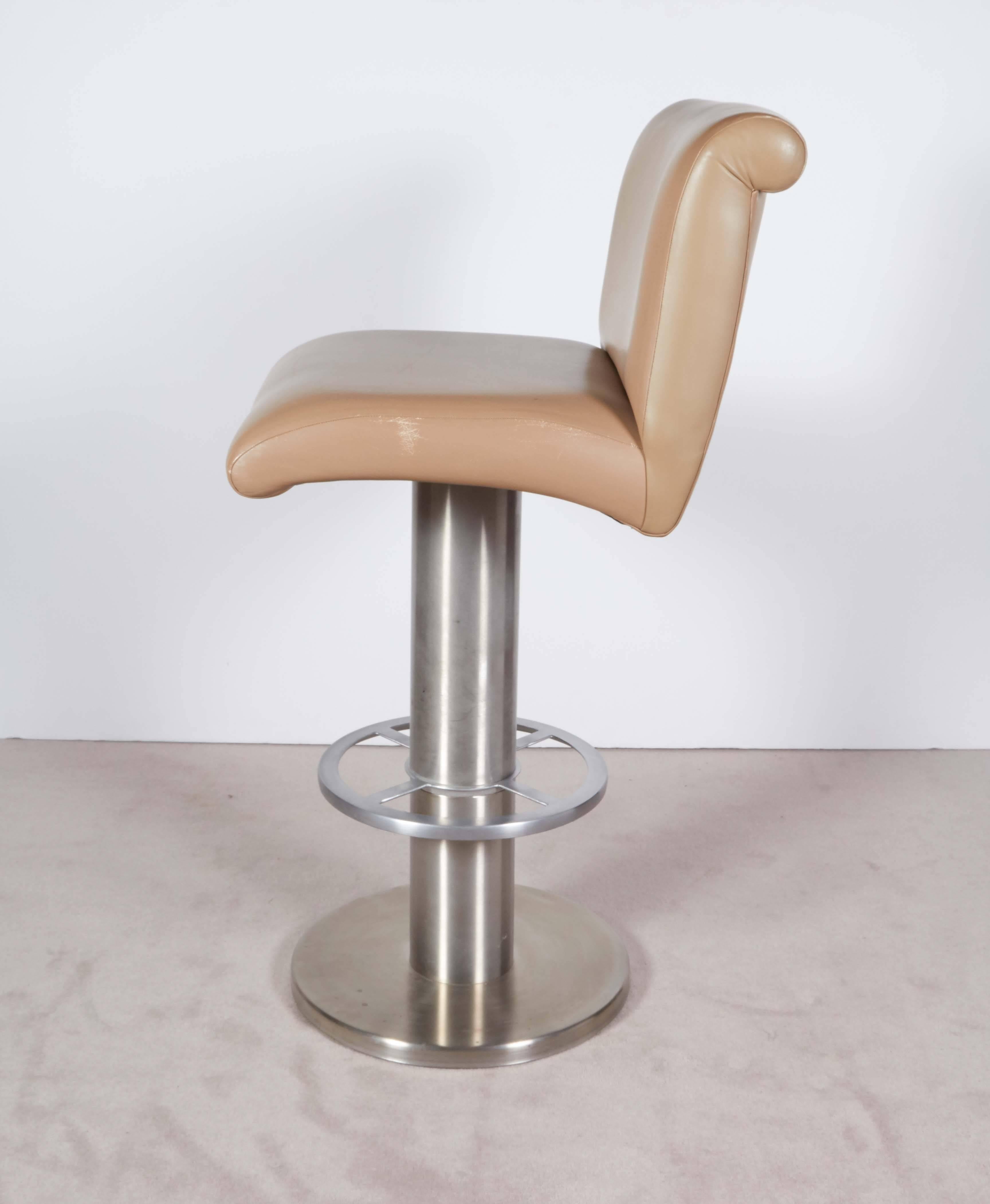 Late 20th Century Set of Five Design For Leisure Barstools in Beige Leather on Stainless Steel