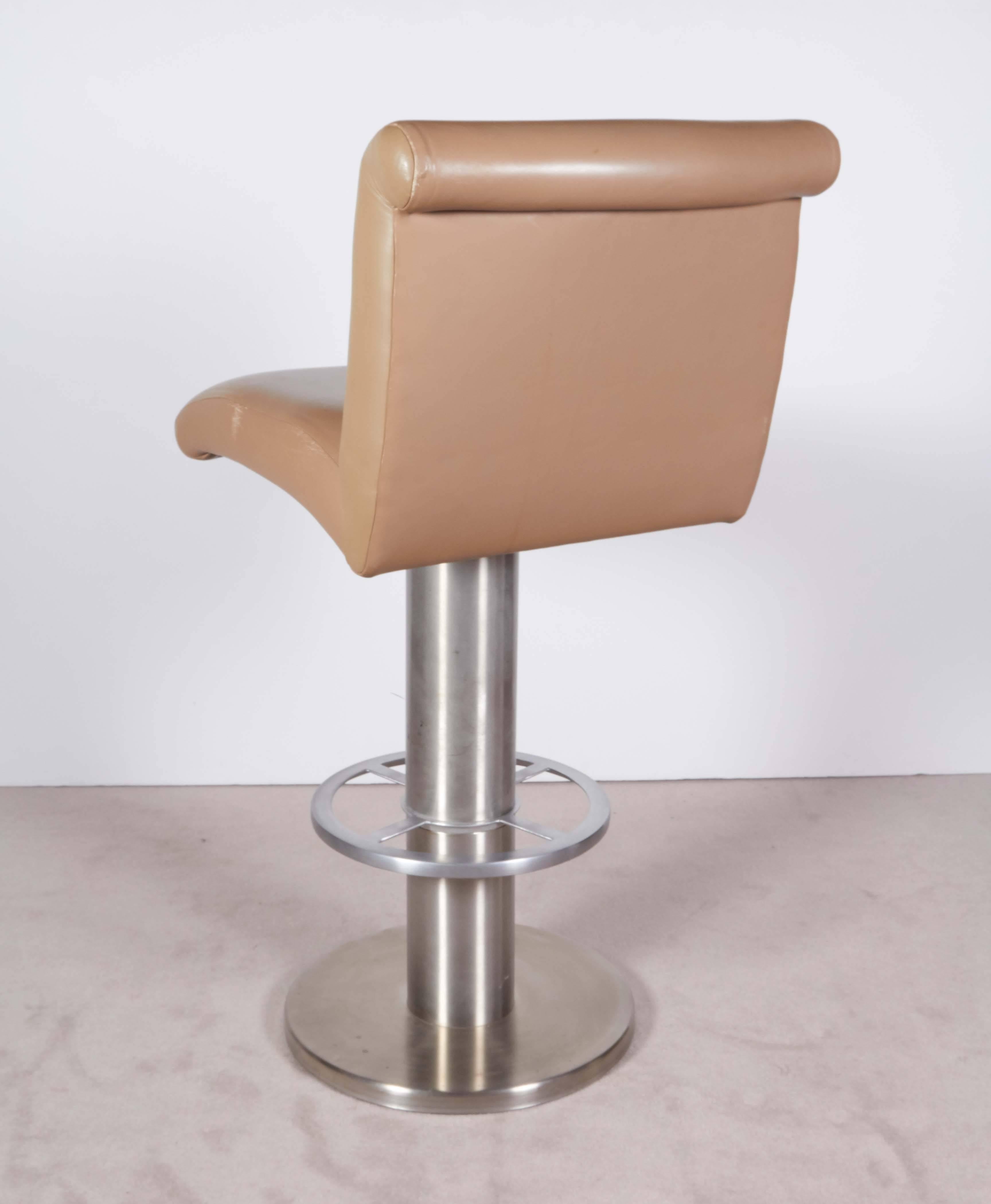 Set of Five Design For Leisure Barstools in Beige Leather on Stainless Steel 1