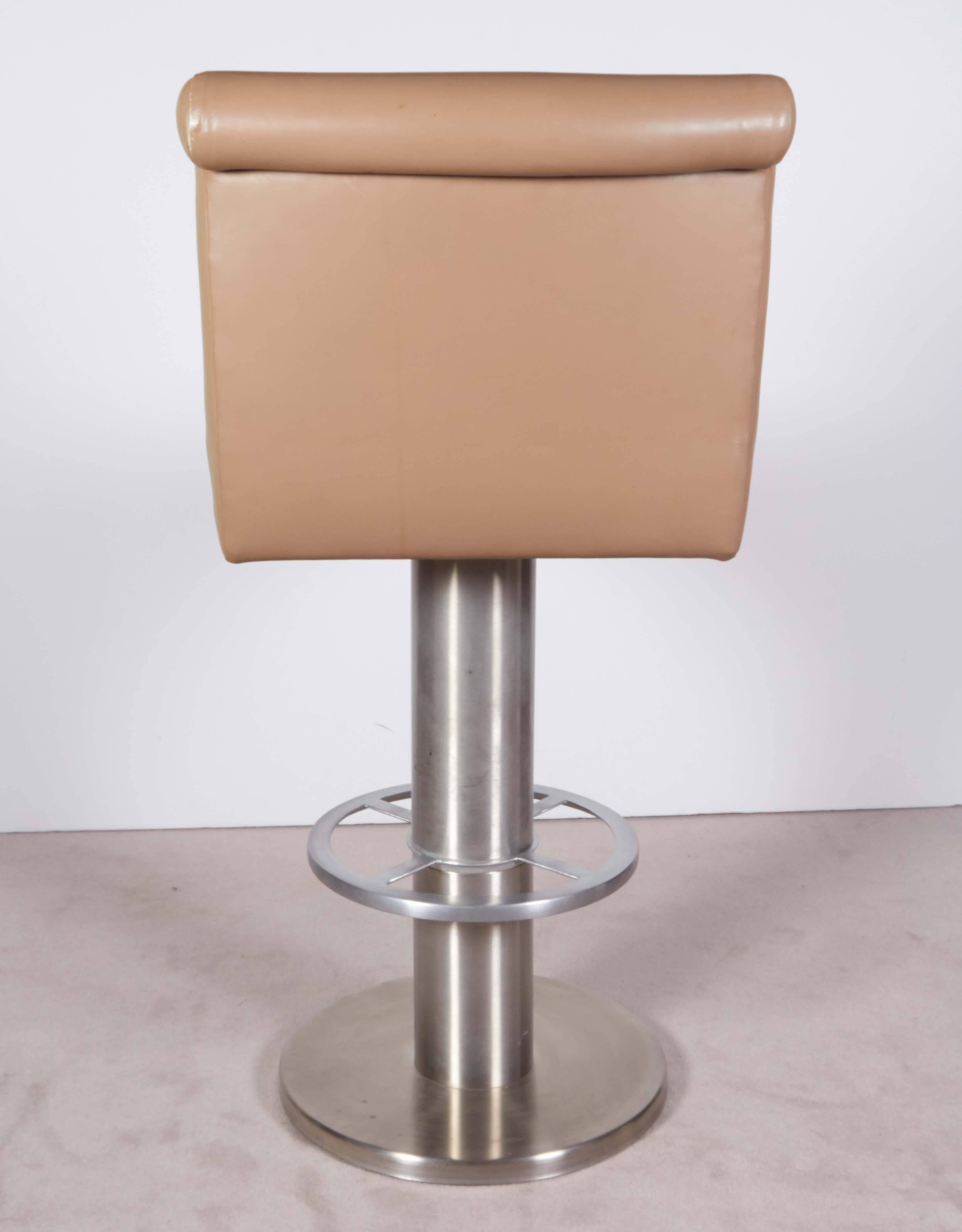 Set of Five Design For Leisure Barstools in Beige Leather on Stainless Steel 2
