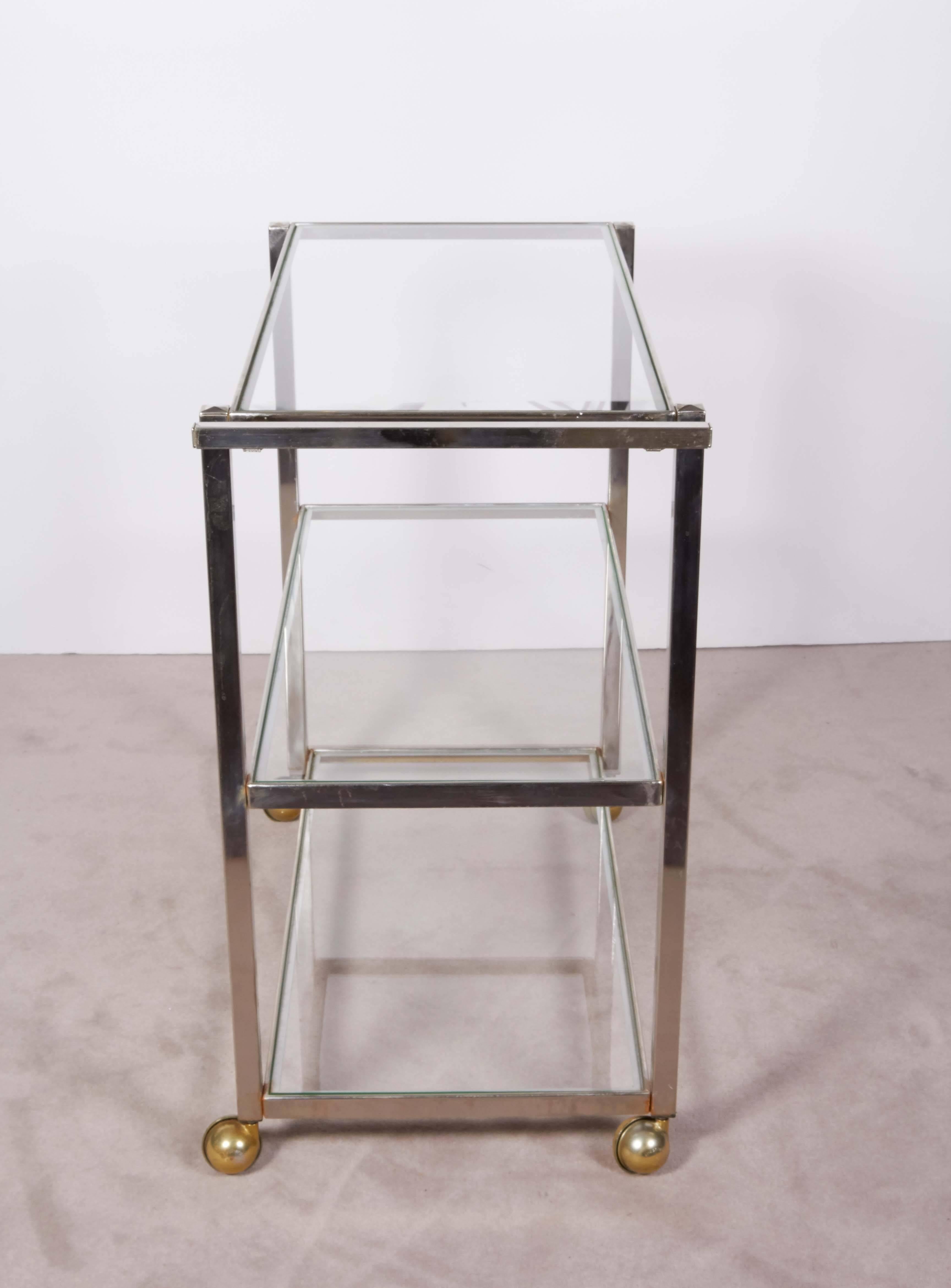 Mid-Century Modern Mid-Century Three-Tier Chrome Bar Cart on Brass Casters