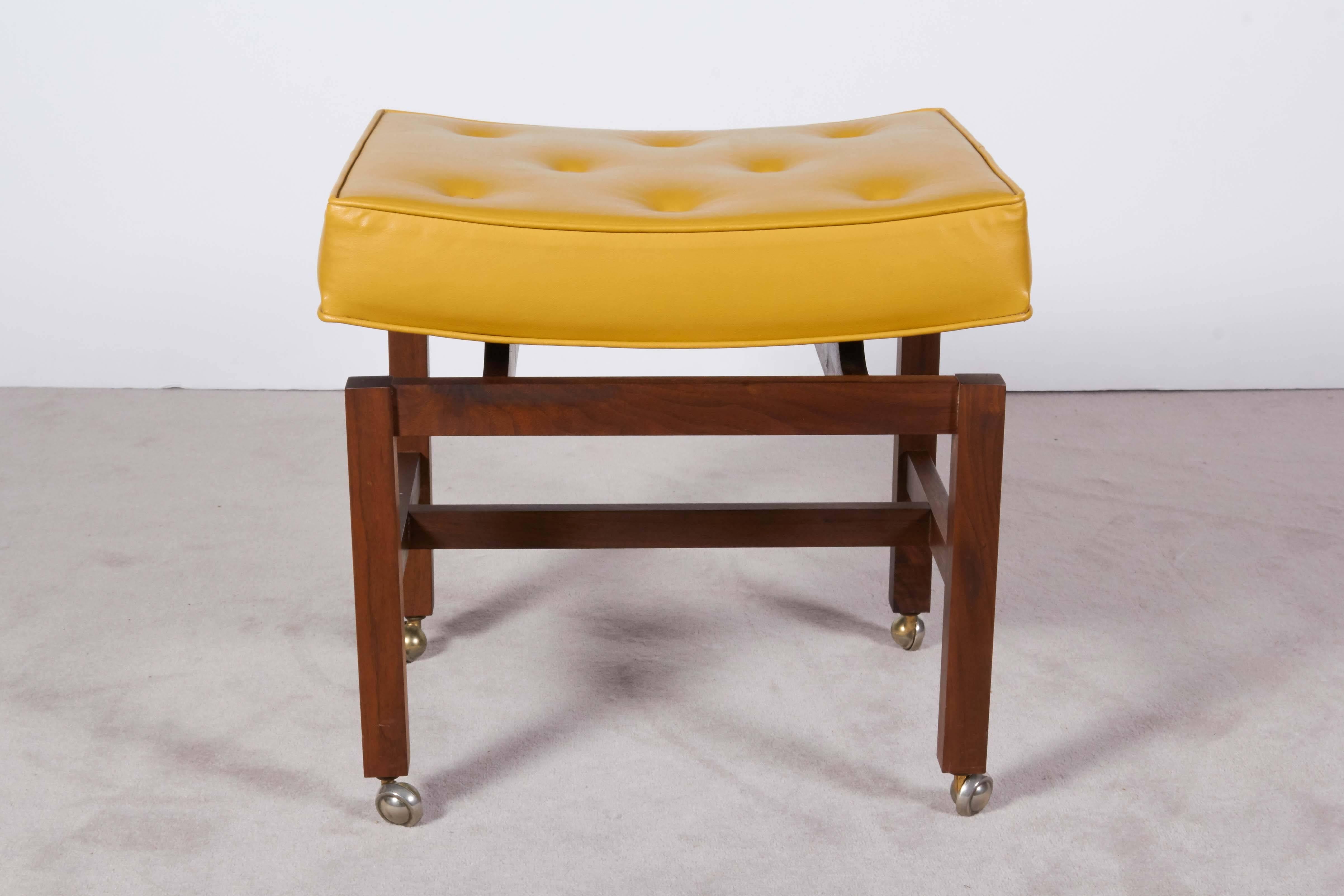 Mid-Century Modern Pair of Jens Risom Walnut Benches with Gold Leather Seats