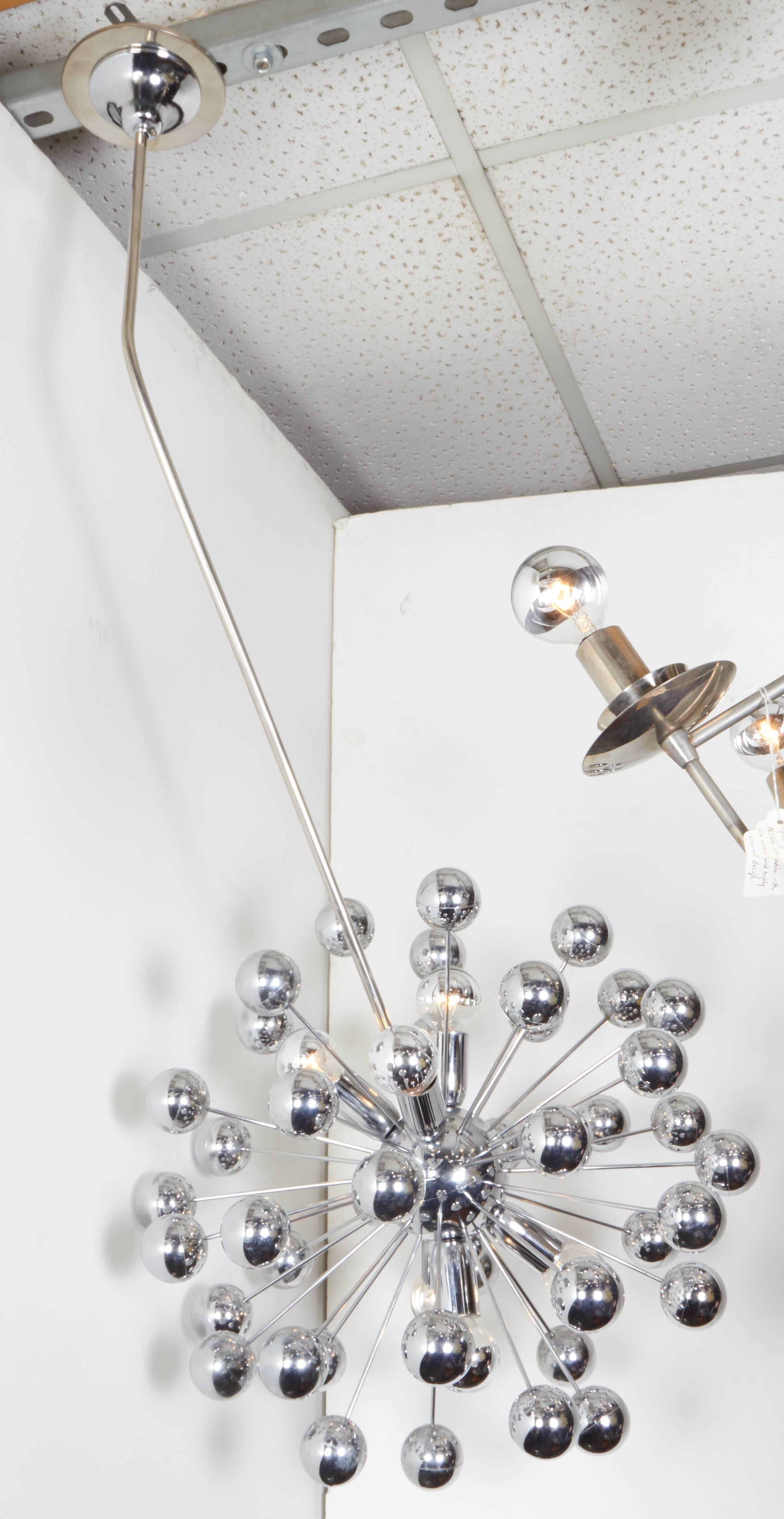 Mid-Century Chrome Sputnik 1960s Chandelier with Unusual Angled Stem In Good Condition For Sale In New York City, NY