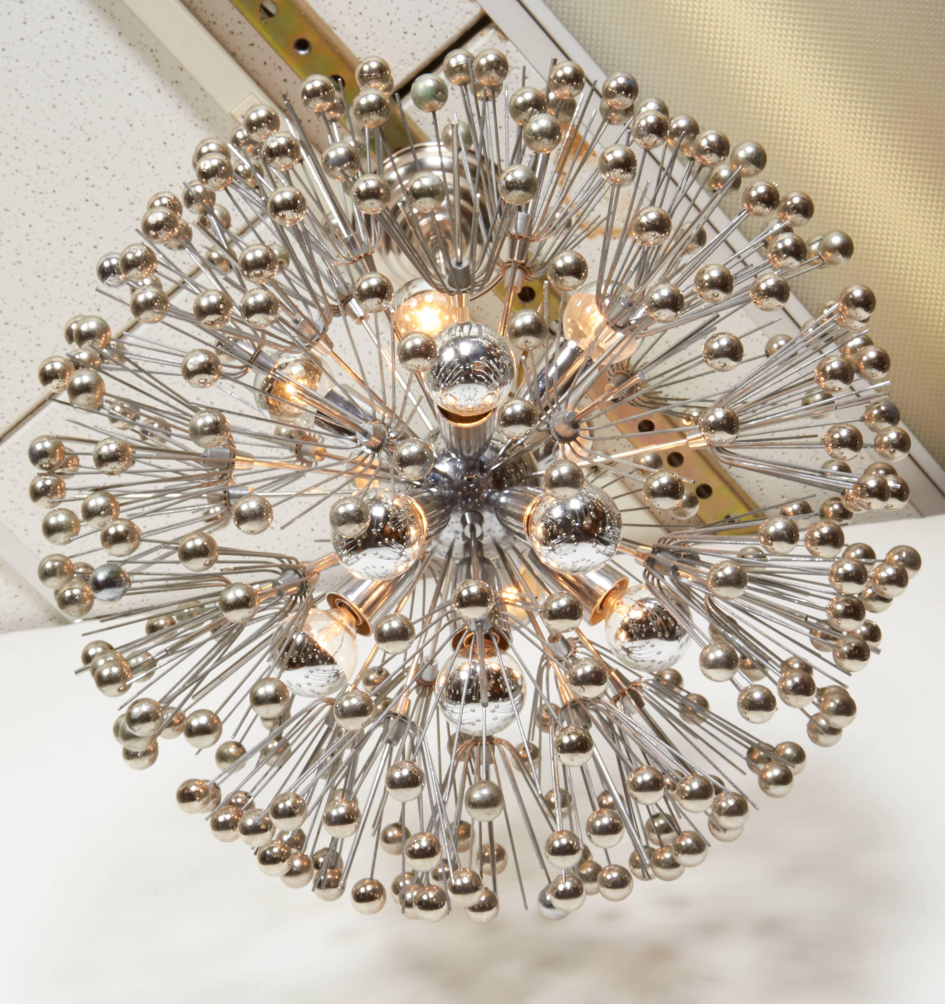 Late 20th Century Pair of Mid-Century Sputnik Snowflake Chandeliers in Nickel, Emile Stenjar For Sale