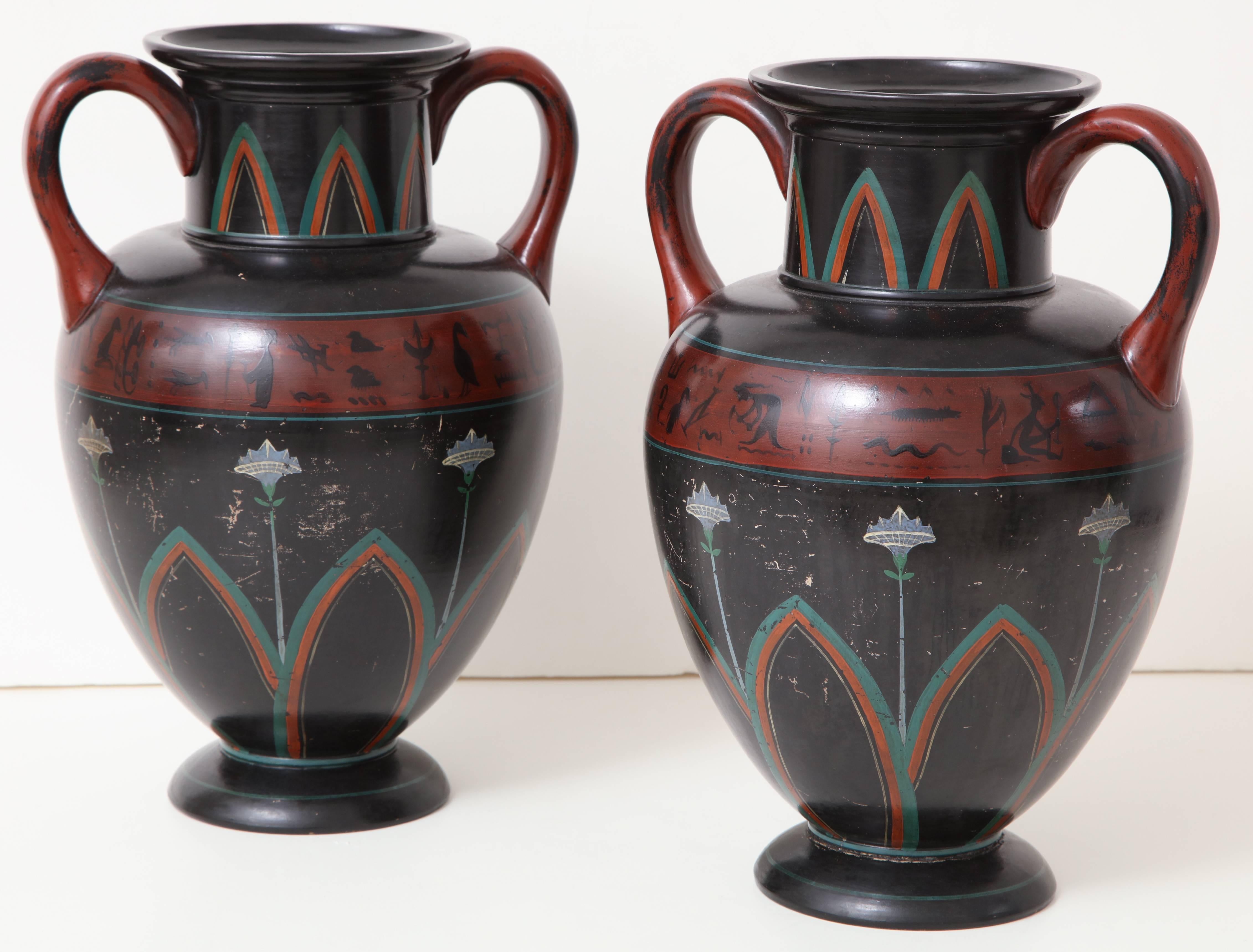 A pair of mid-19th century German Neoclassical polychrome painted terracotta vases by Ferdinand Gerbing