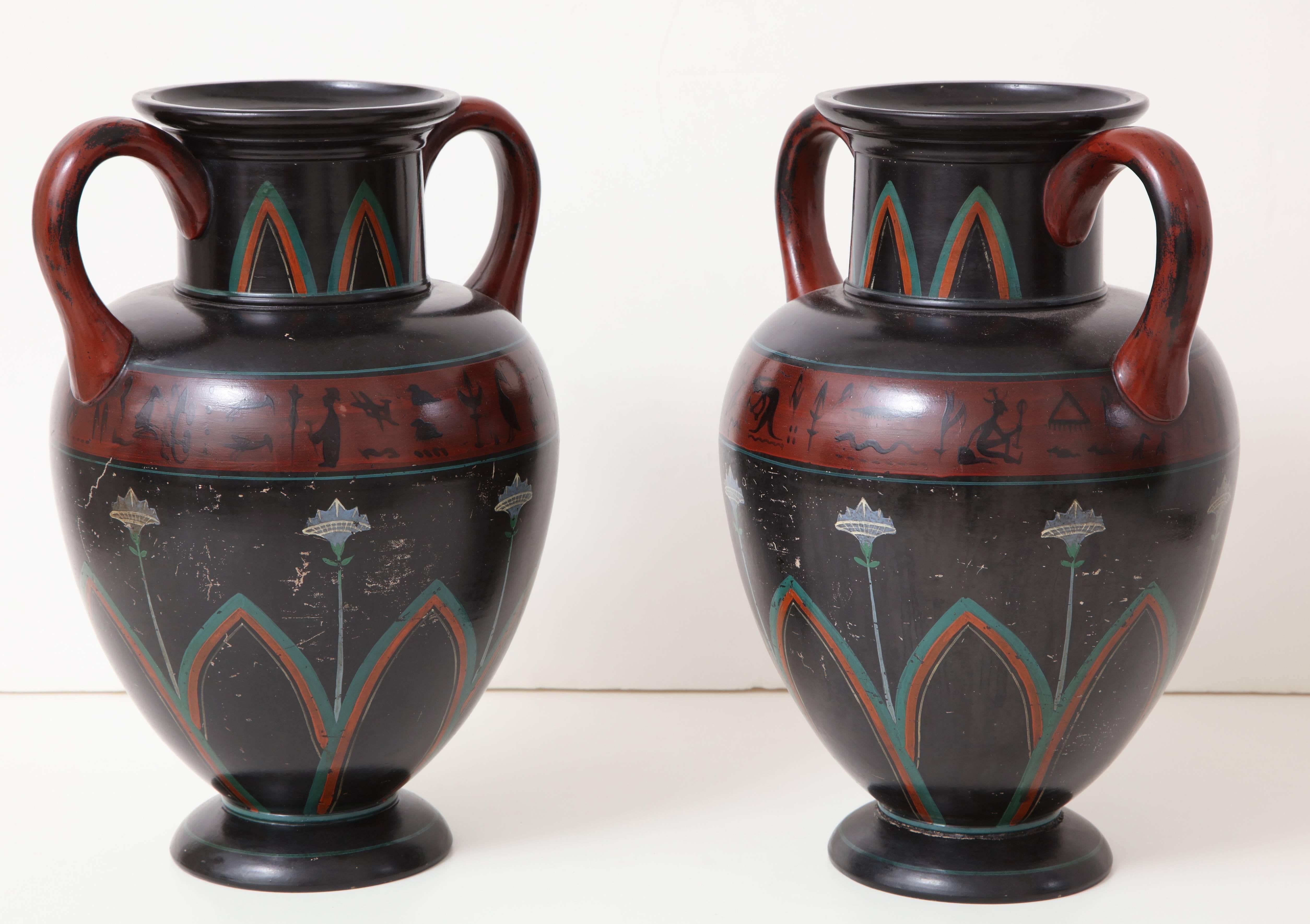Painted Pair of 19th Century German Neoclassical Amphora Vases For Sale