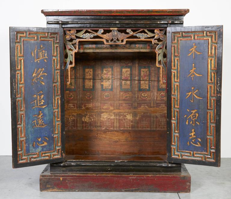 Rare Antique Buddha Cabinet With Carved Doors And Beautifully Painted Interior