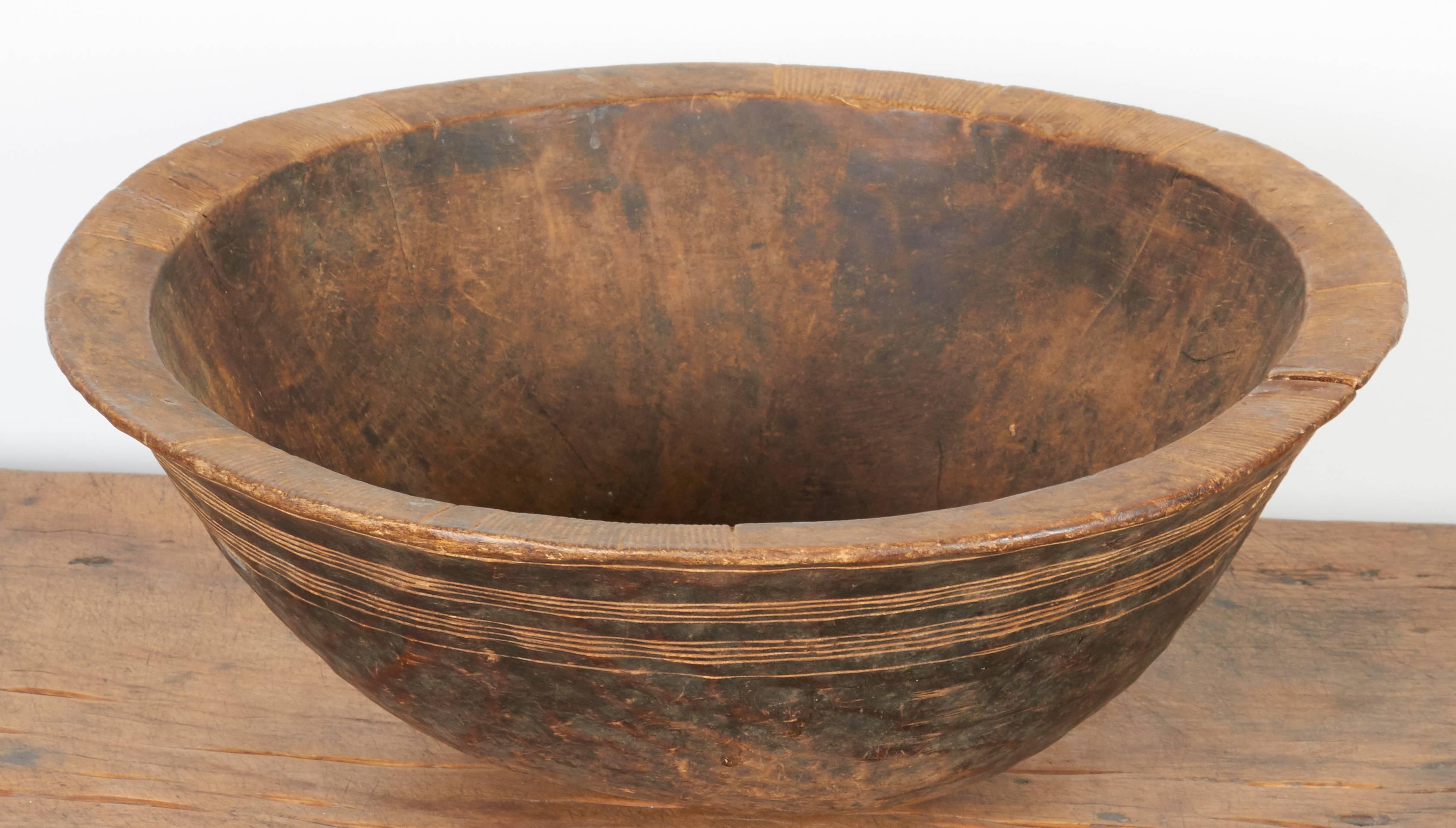 Wood Delicately Carved West African Food Bowl, Great Patina