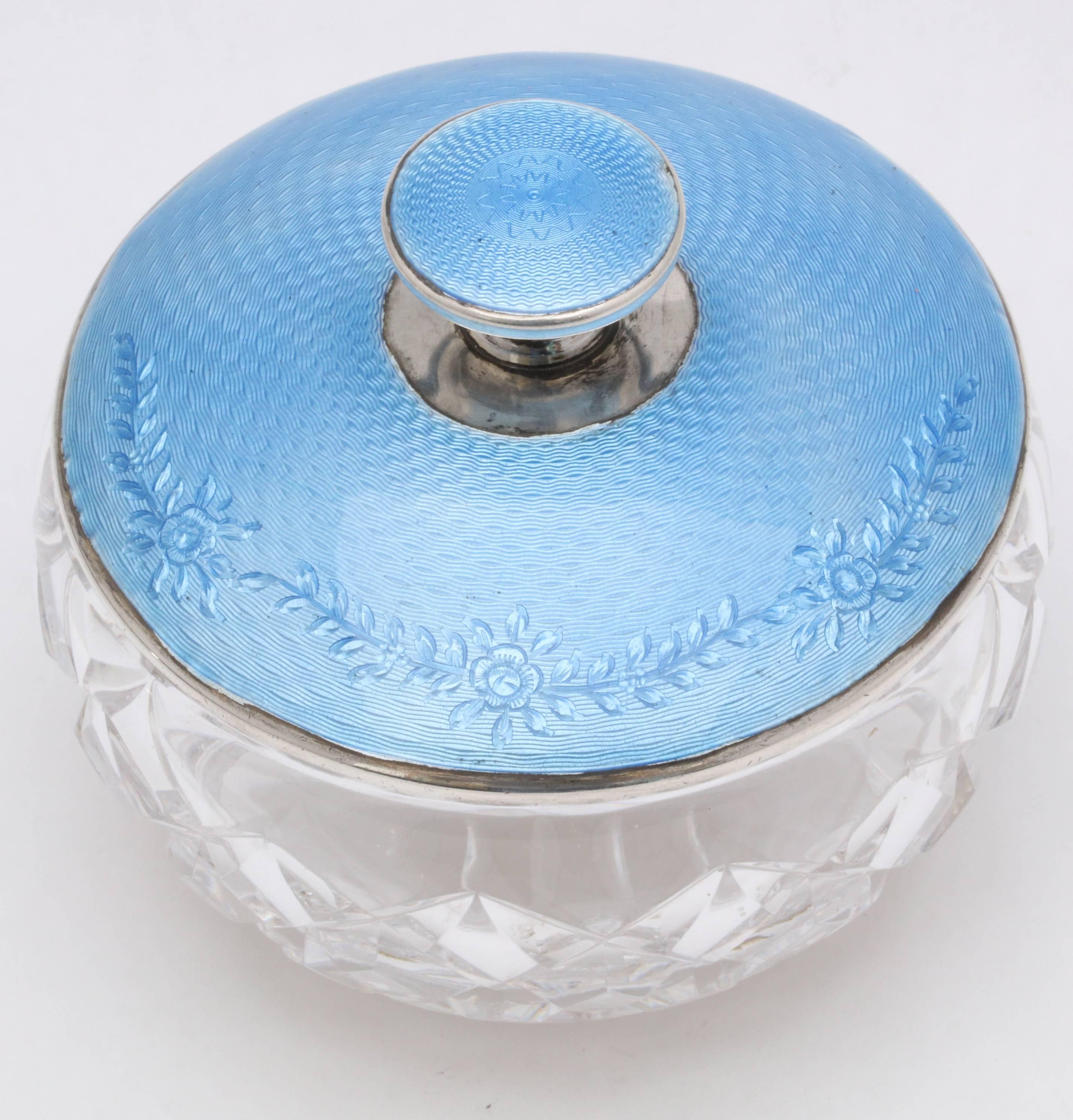 Art Deco Sterling Silver and Blue Guilloche Enamel-Mounted Crystal Powder Jar In Excellent Condition In New York, NY