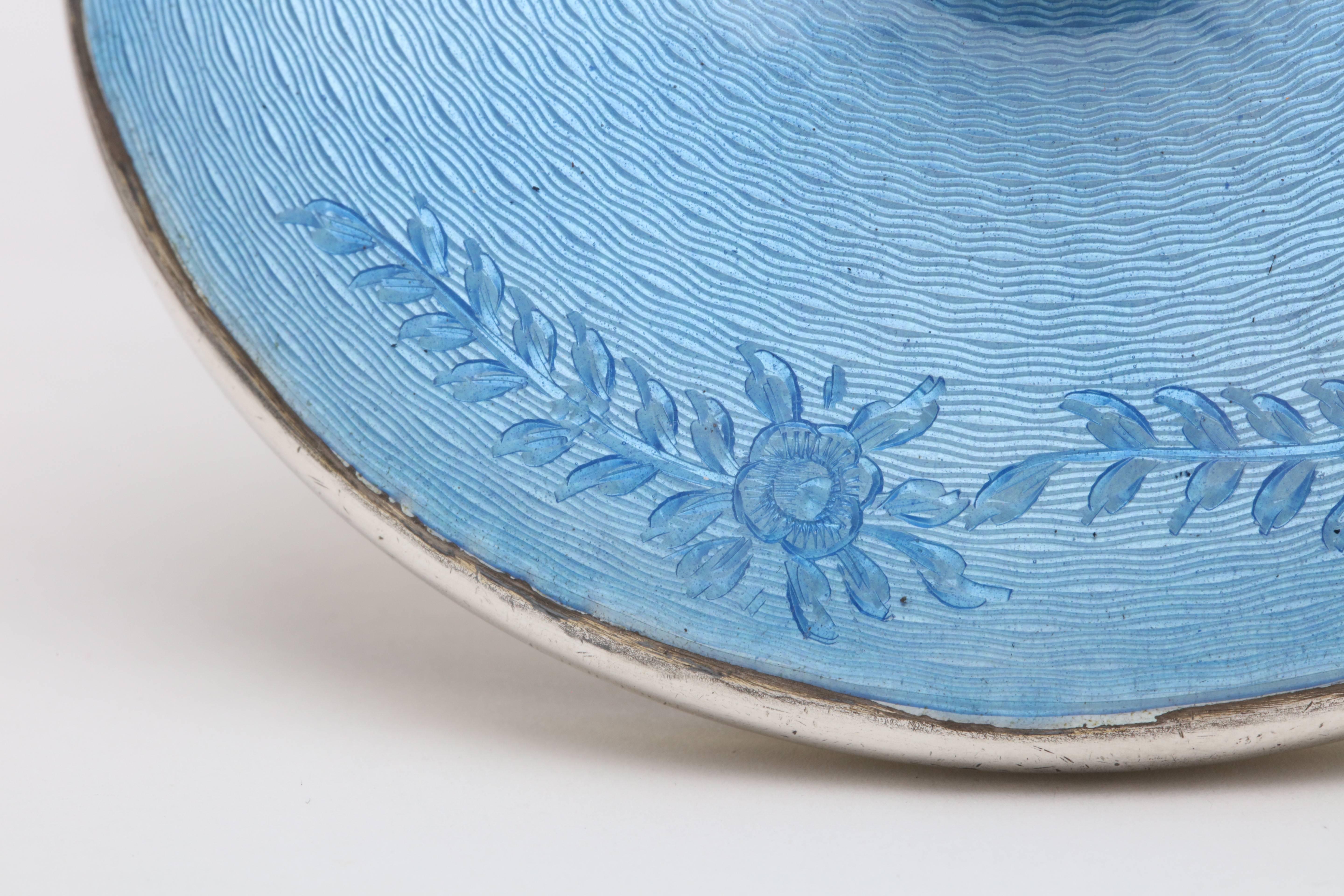 Mid-20th Century Art Deco Sterling Silver and Blue Guilloche Enamel-Mounted Crystal Powder Jar