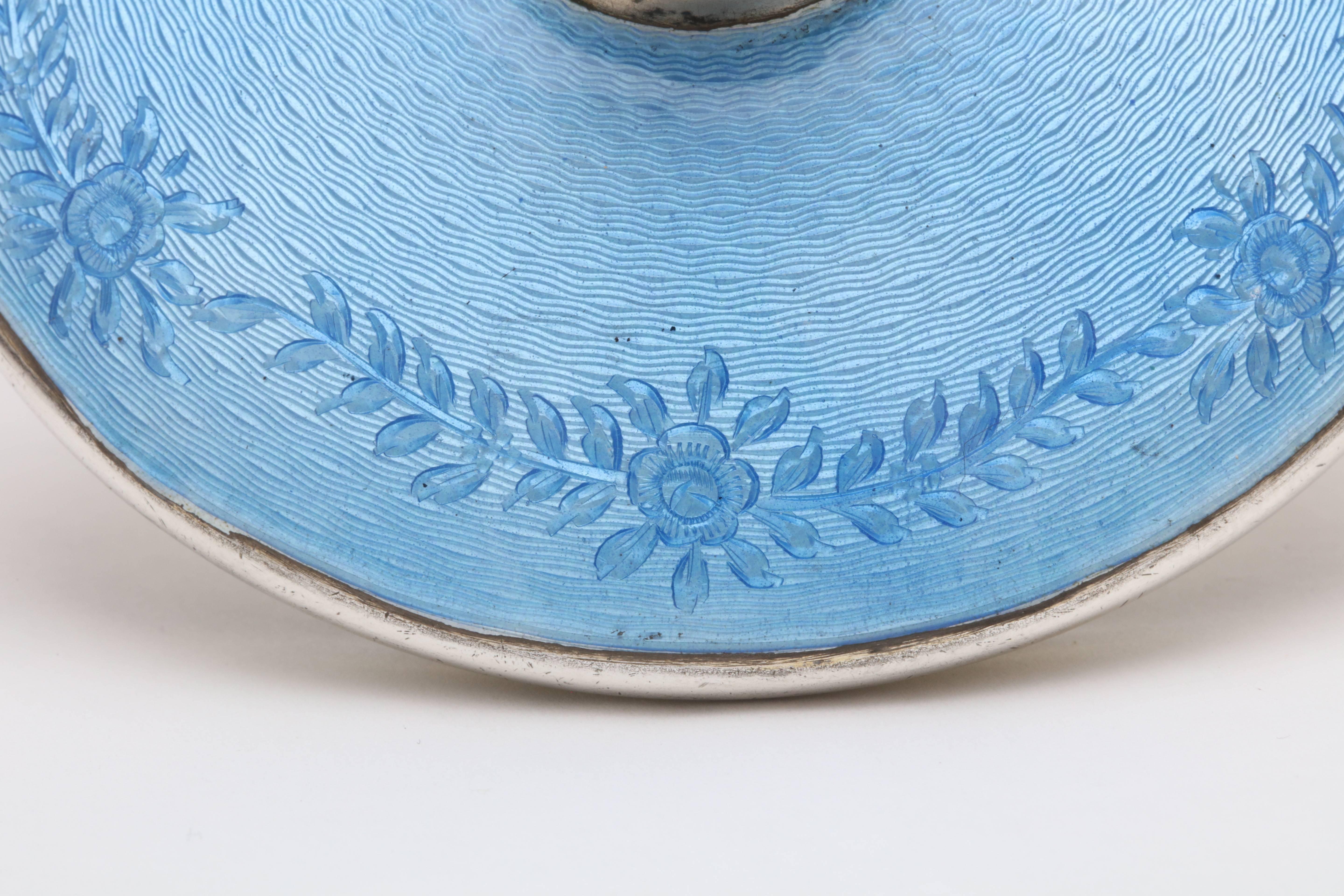 Art Deco Sterling Silver and Blue Guilloche Enamel-Mounted Crystal Powder Jar 1