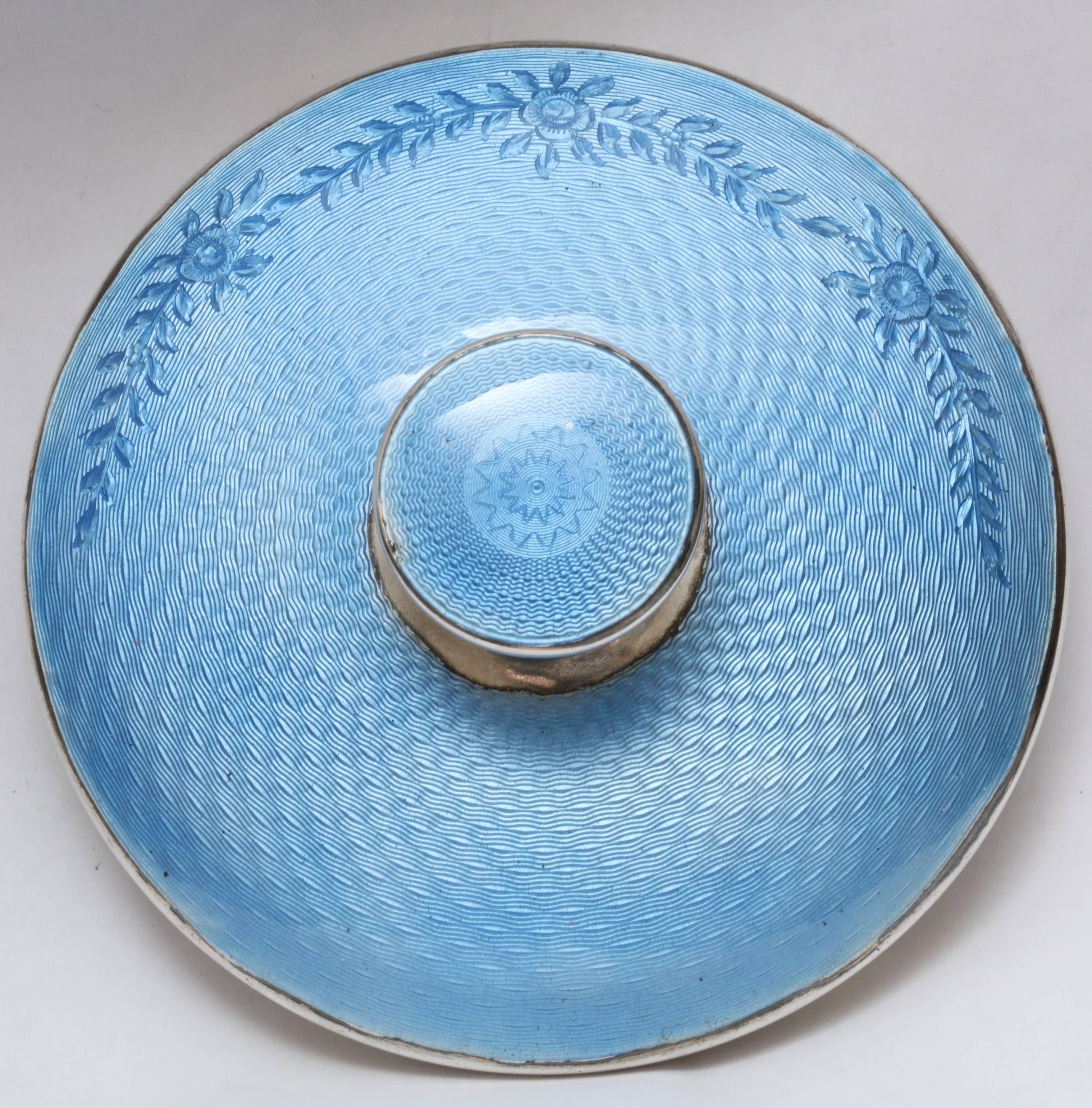 Art Deco Sterling Silver and Blue Guilloche Enamel-Mounted Crystal Powder Jar 4