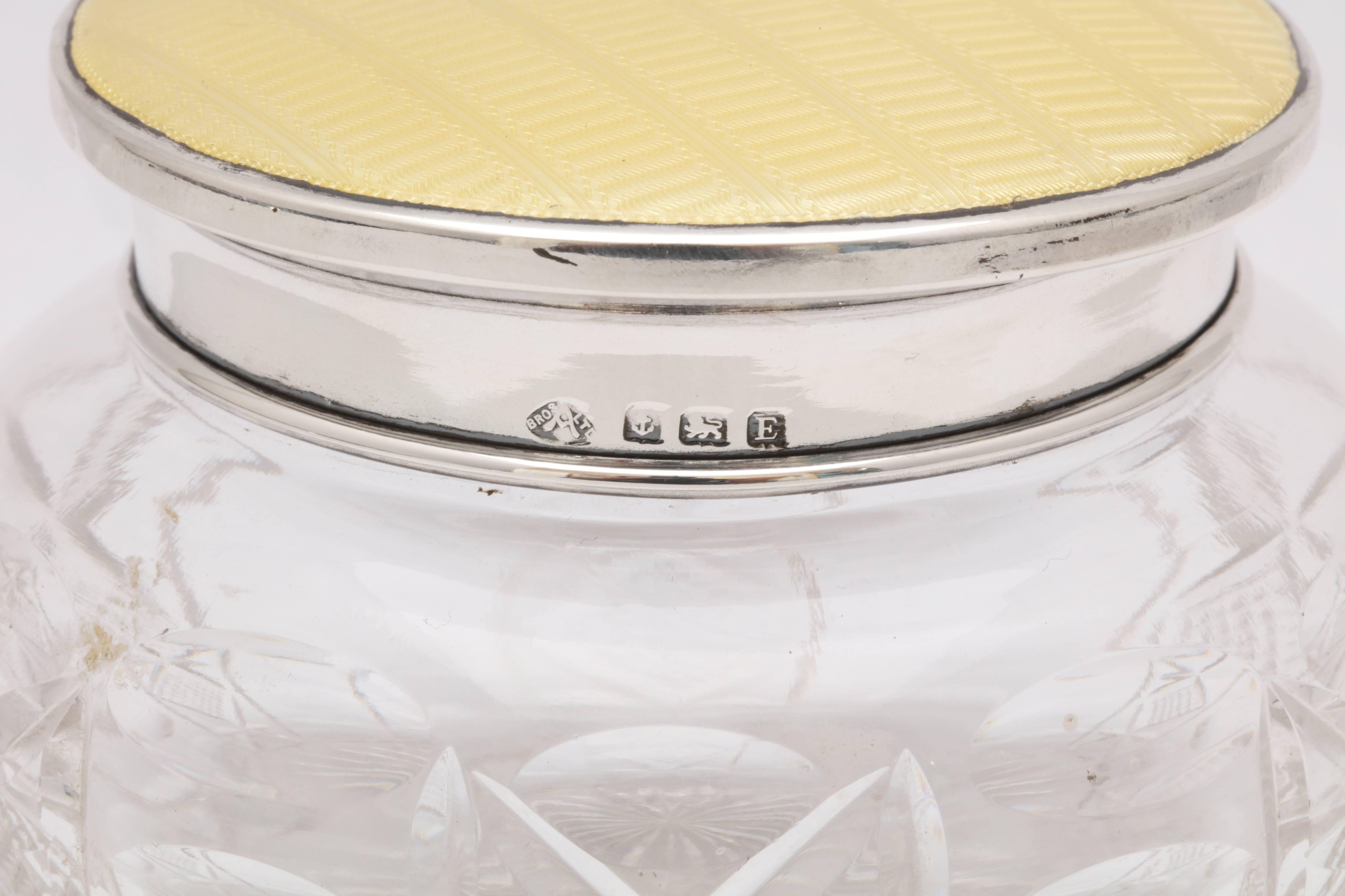 Early 20th Century Art Deco Sterling Silver and Yellow Guilloche Enamel and Crystal Powder Jar For Sale