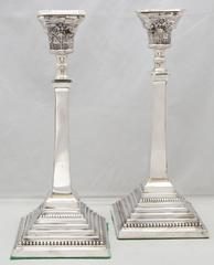 Pair of Tall Edwardian Sterling Silver Neoclassical Column-Form Candlesticks