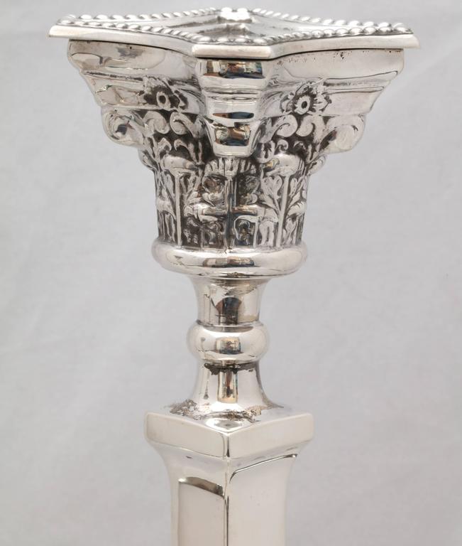English Pair of Tall Edwardian Sterling Silver Neoclassical Column-Form Candlesticks For Sale