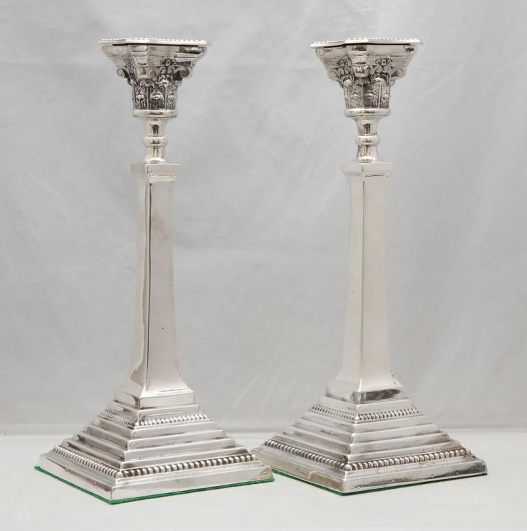 Pair of Tall Edwardian Sterling Silver Neoclassical Column-Form Candlesticks For Sale 2