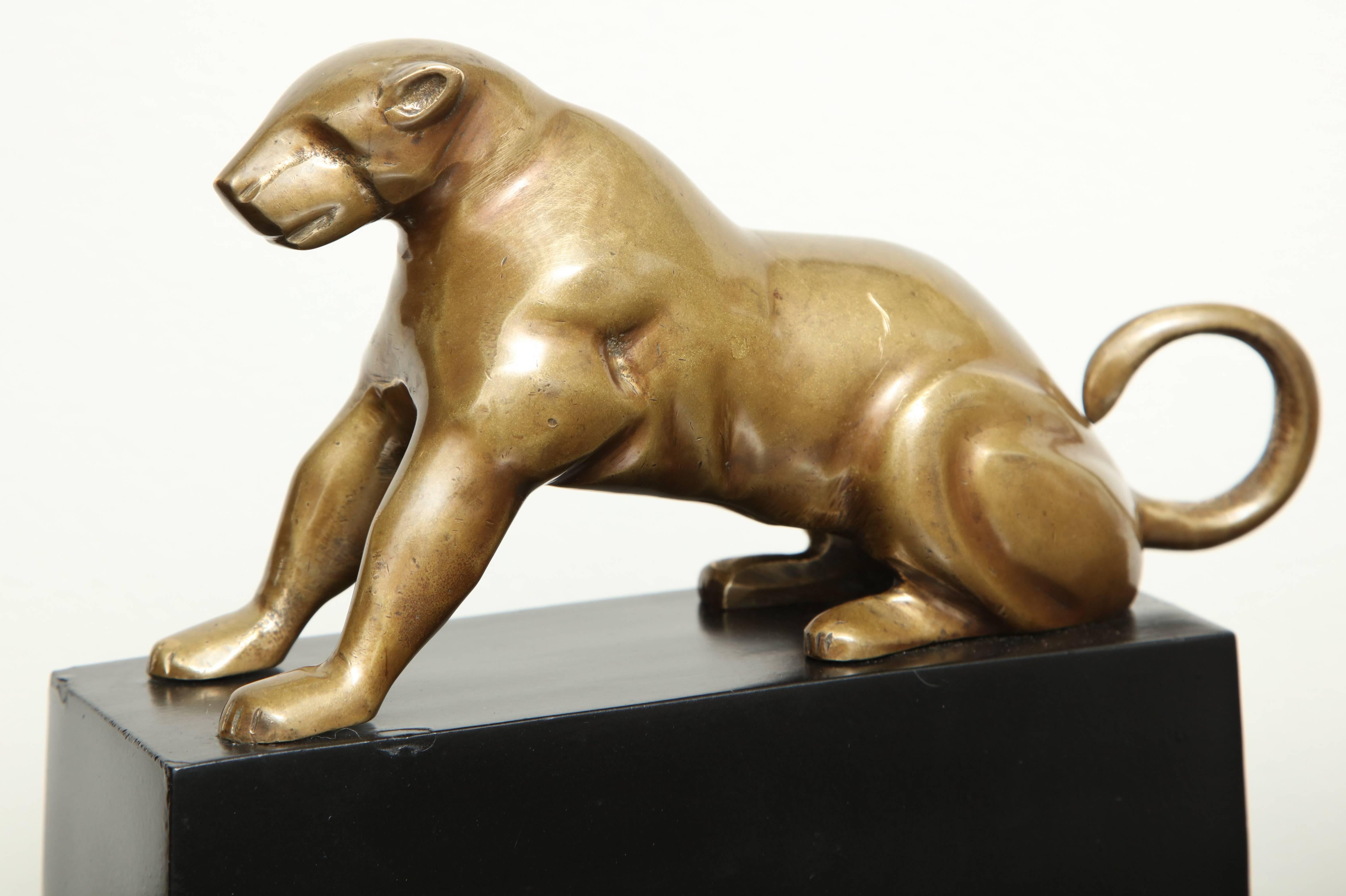 Pair of Mid-Century Polished Brass Panther Sculptures 1