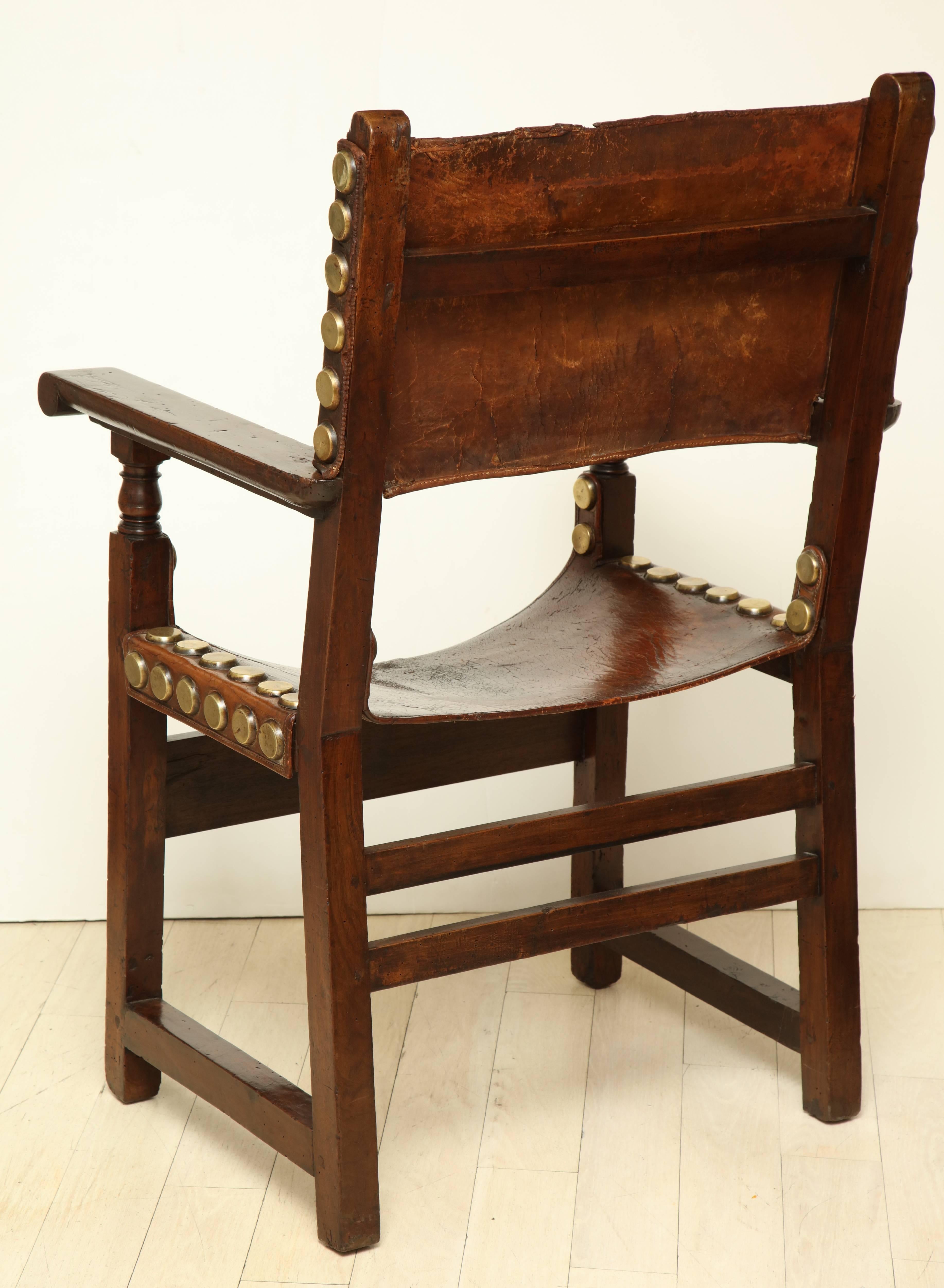 18th Century and Earlier 17th Century Spanish Walnut and Leather Armchair with Oversized Brass Nailheads