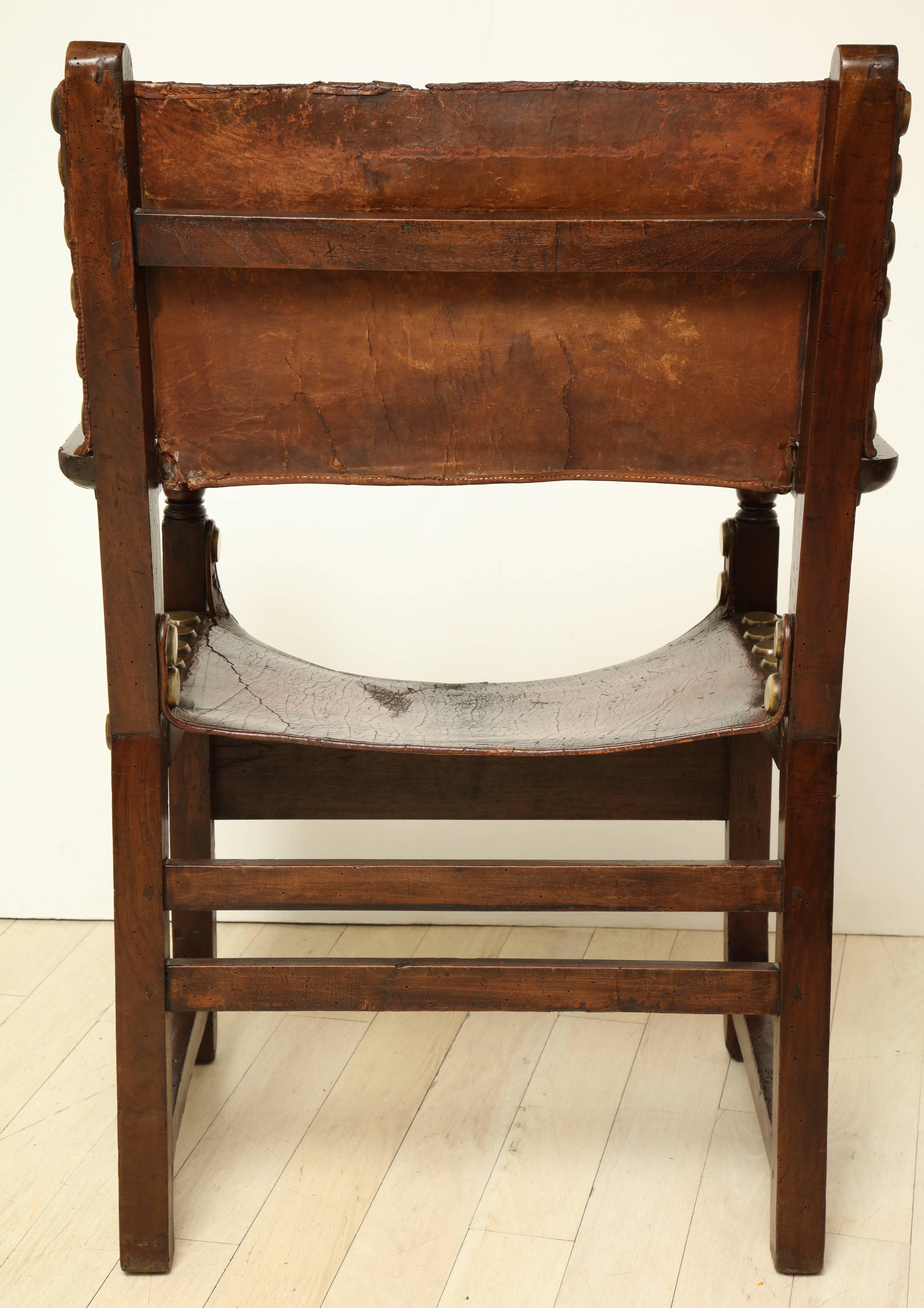 17th Century Spanish Walnut and Leather Armchair with Oversized Brass Nailheads 1