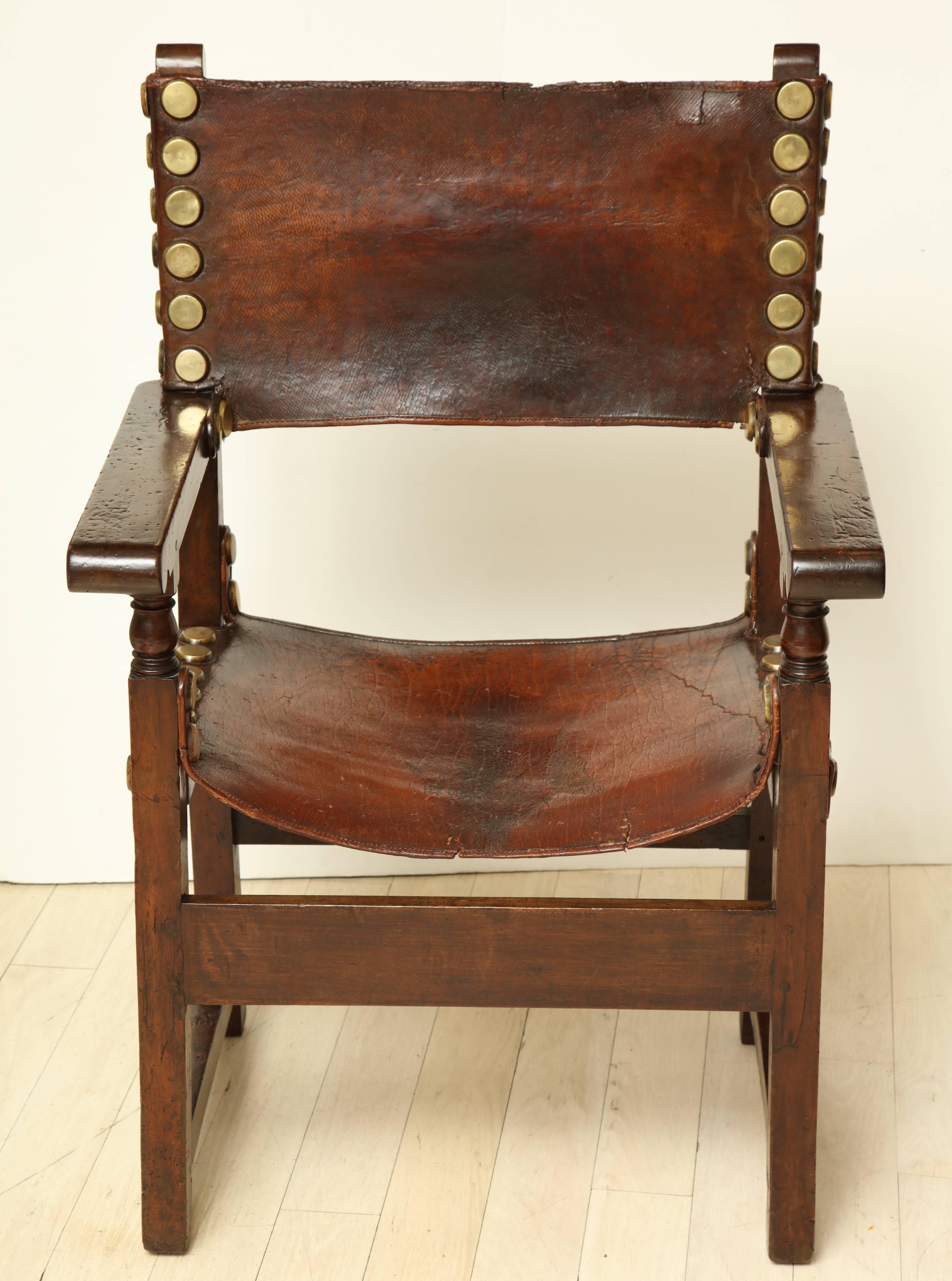 17th Century Spanish Walnut and Leather Armchair with Oversized Brass Nailheads 3