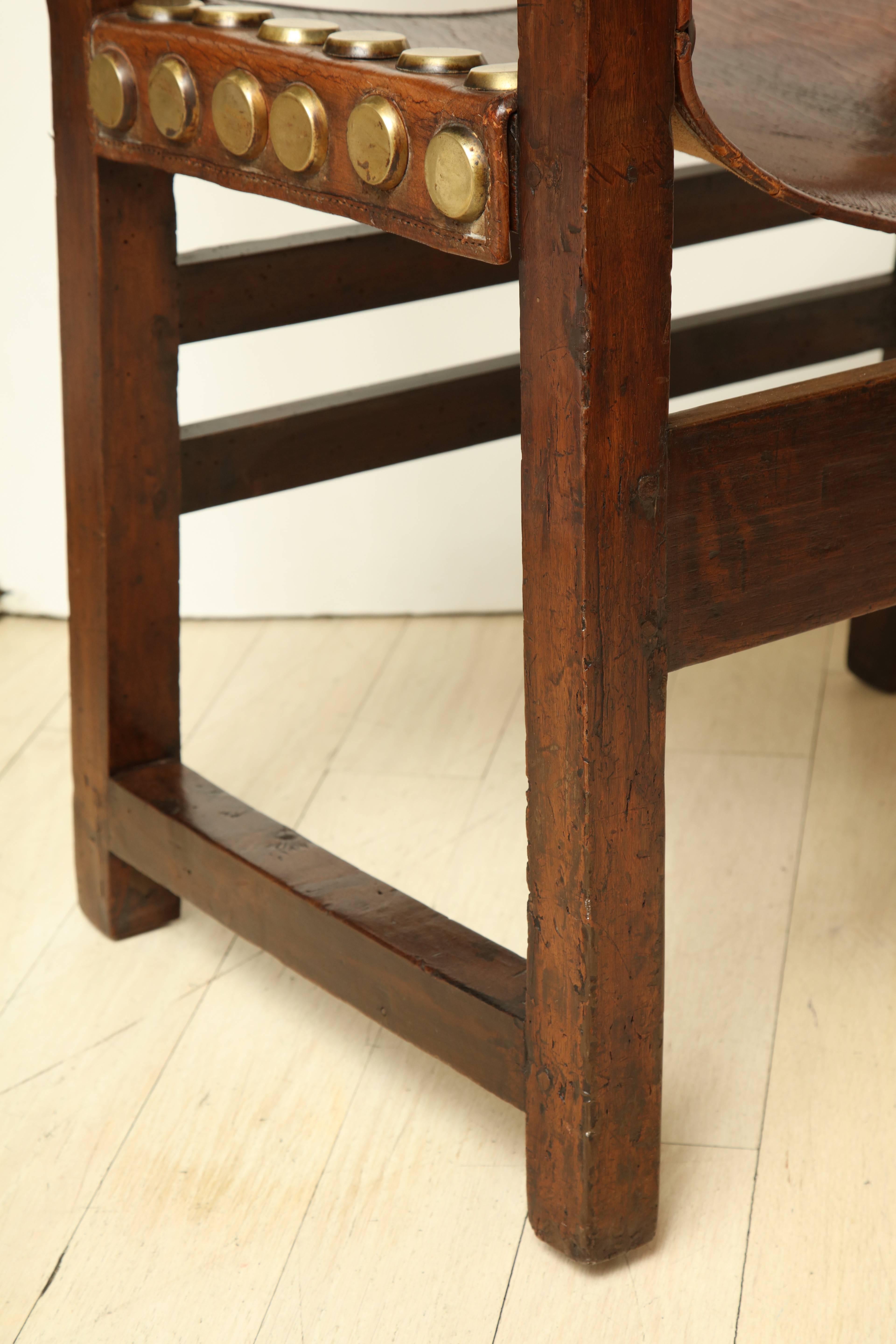 17th Century Spanish Walnut and Leather Armchair with Oversized Brass Nailheads 5