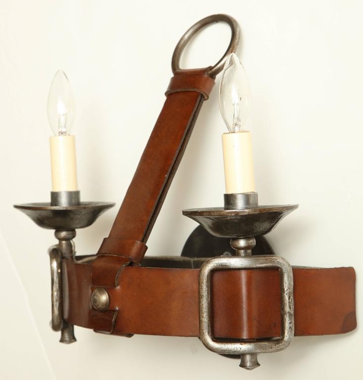 Pair of Equestrian Steel and Leather Two-Light Wall Sconces, France, circa 1950 For Sale at 1stdibs