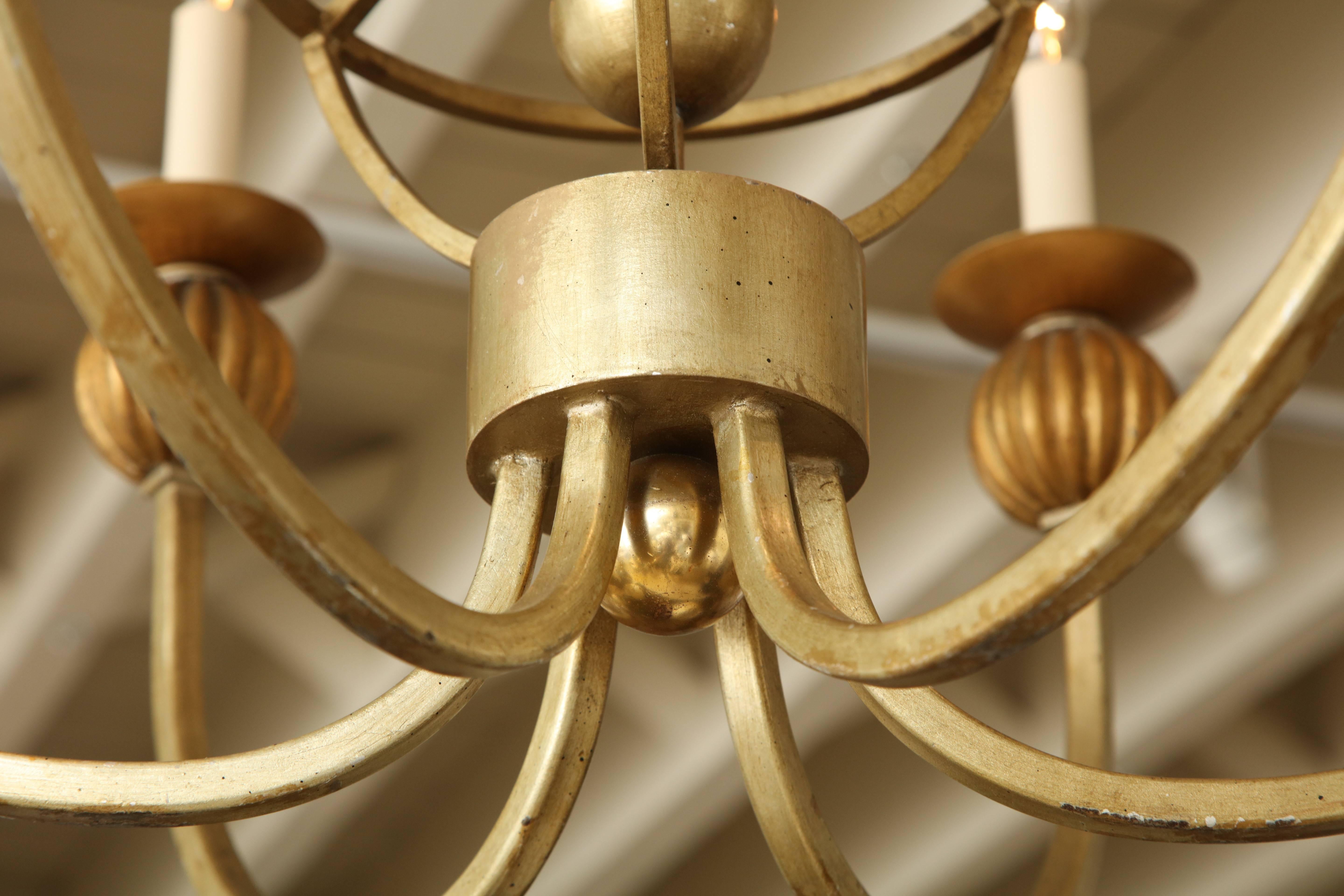 French Six-Arm Gold Metal and Giltwood Chandelier, France, circa 1950 For Sale