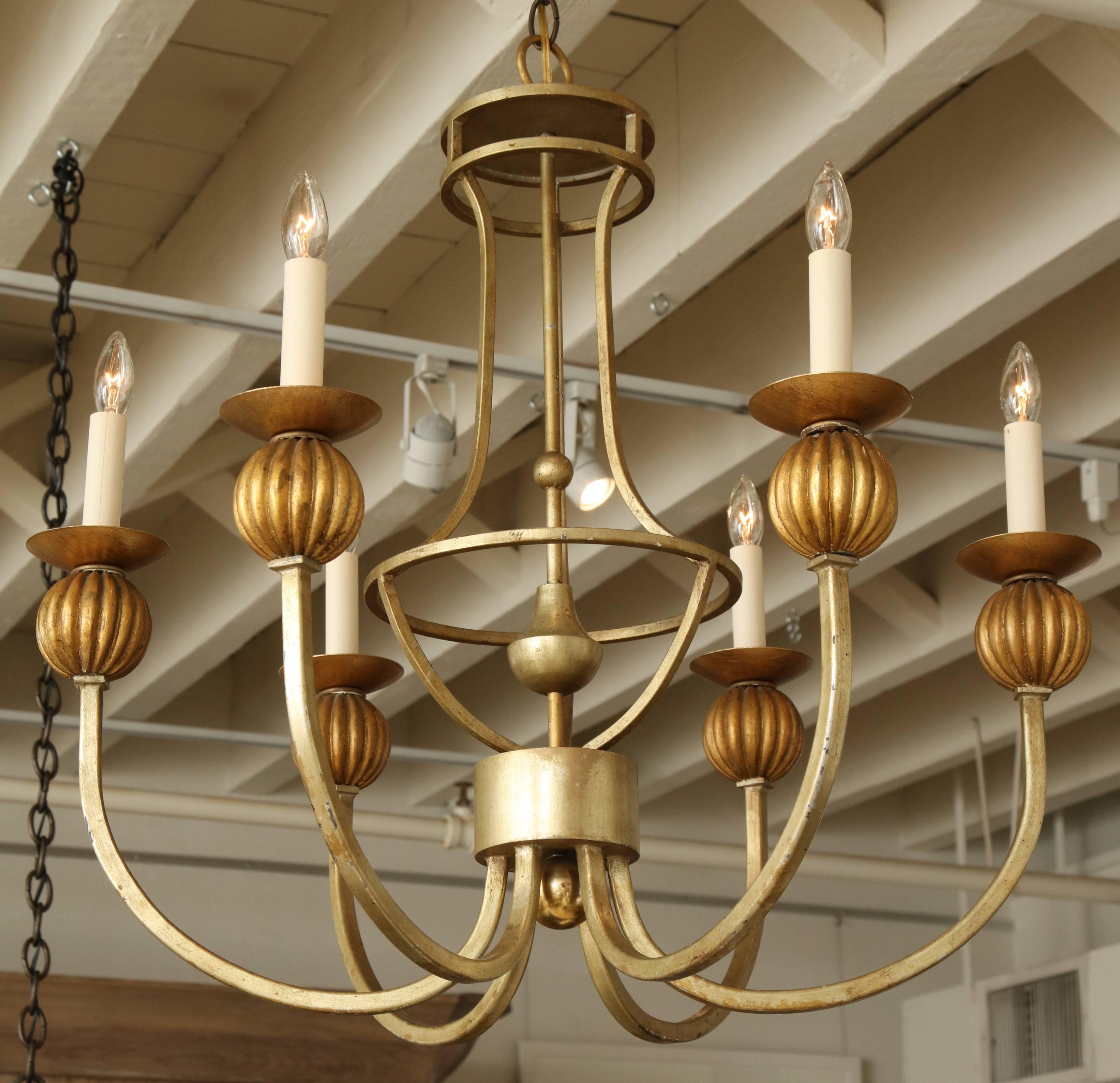 Gilt Metal Six-Arm Gold Metal and Giltwood Chandelier, France, circa 1950 For Sale