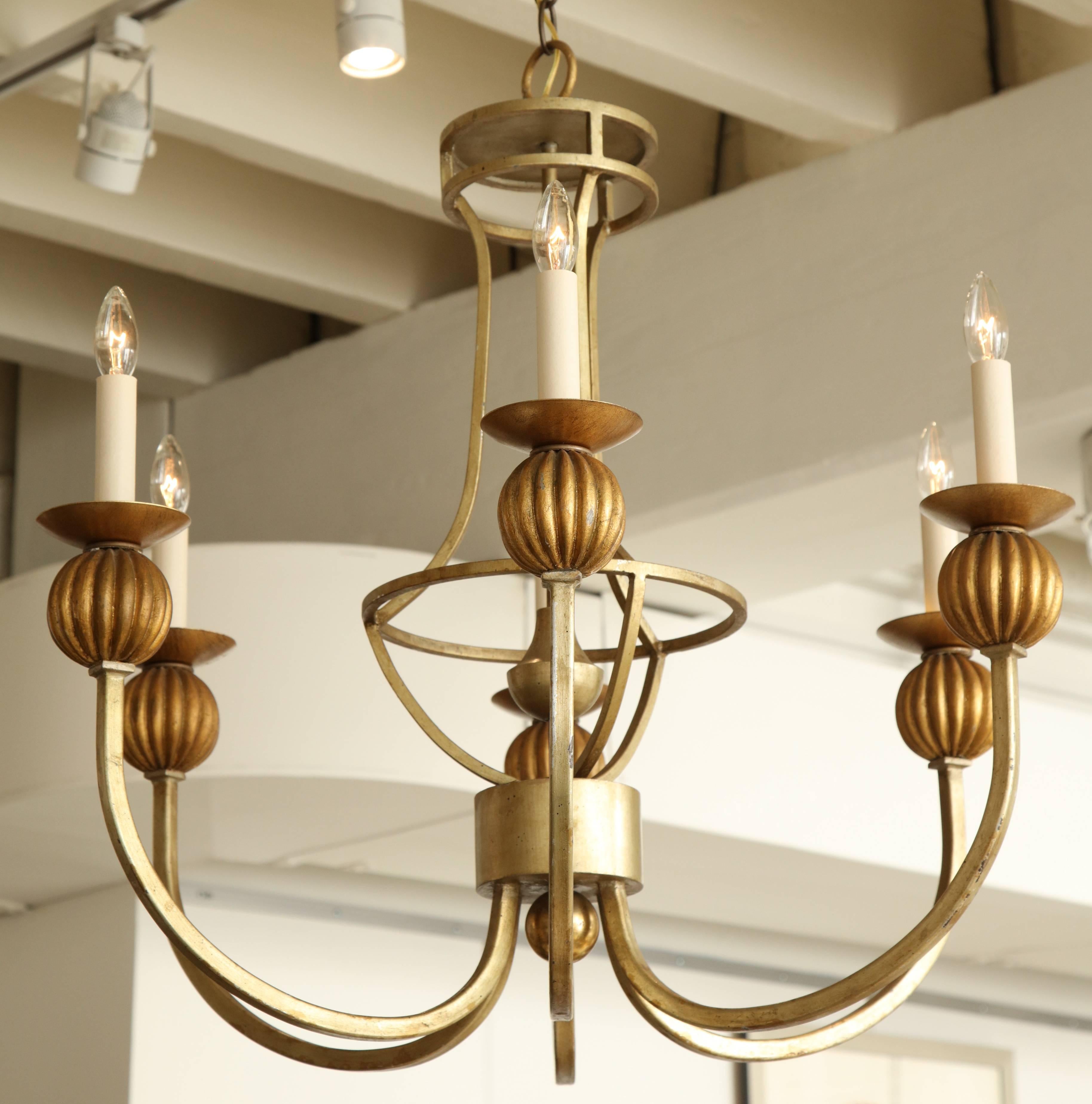 Six-Arm Gold Metal and Giltwood Chandelier, France, circa 1950 For Sale 3