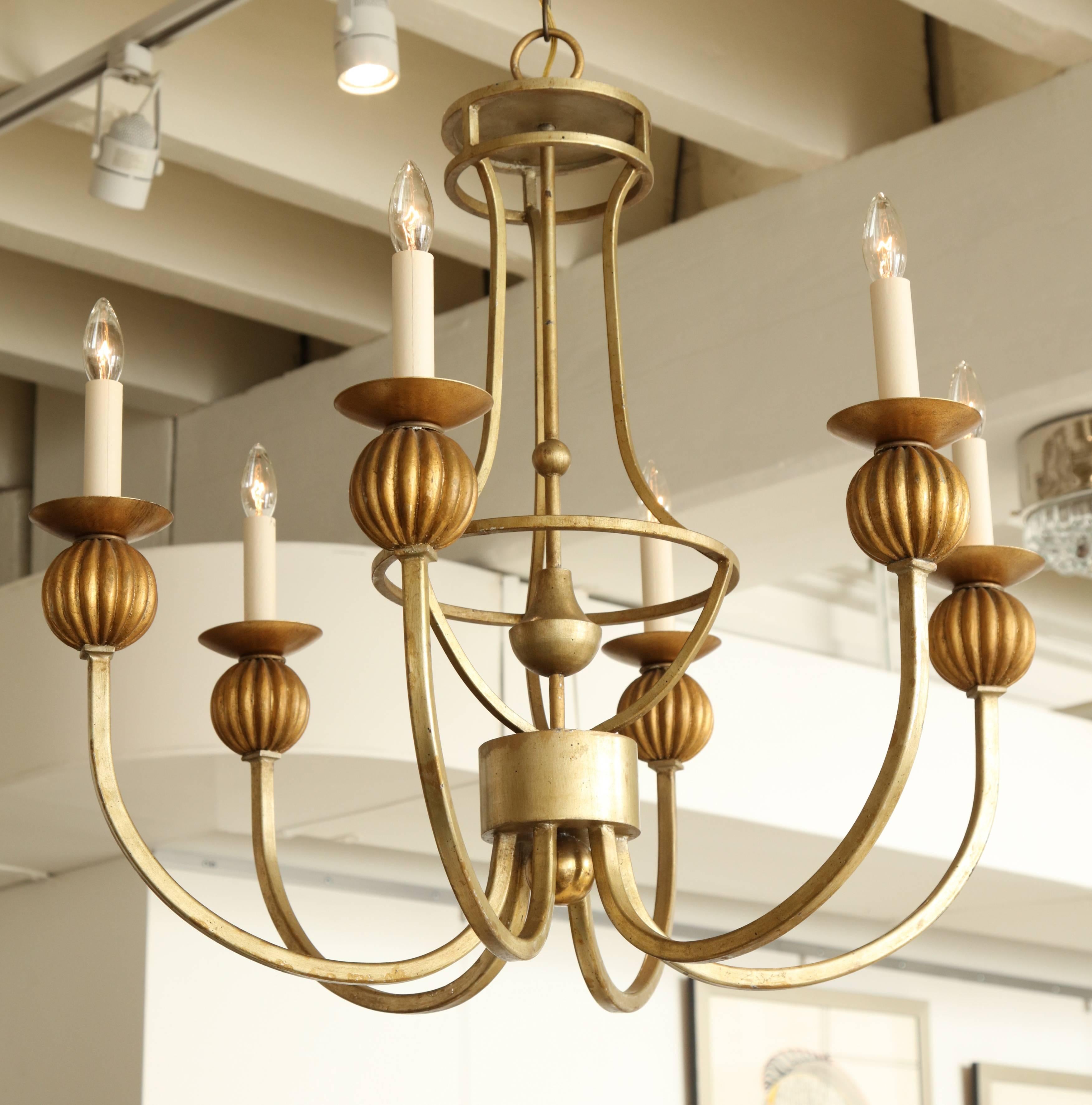 Six-Arm Gold Metal and Giltwood Chandelier, France, circa 1950 For Sale 4