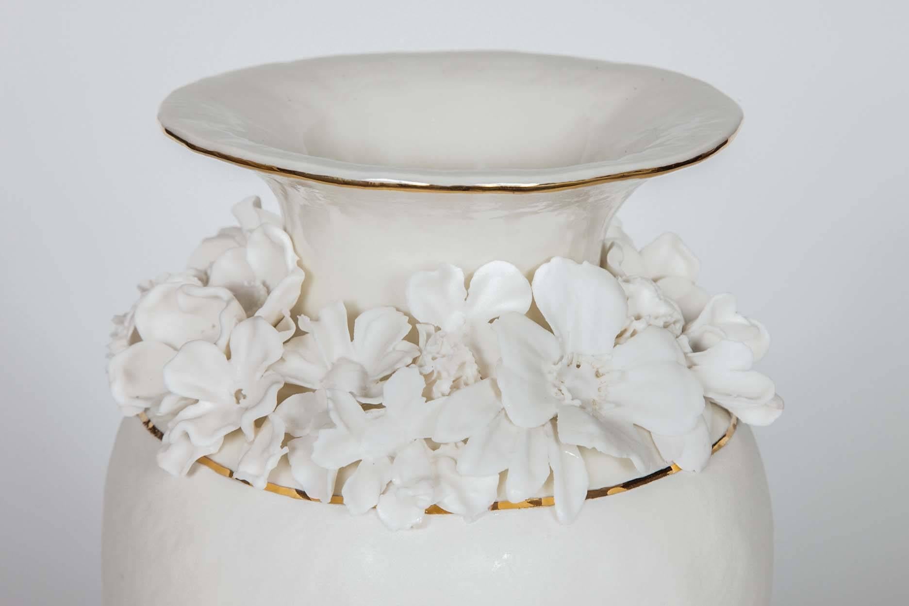 Hand-Crafted Forget Me Not Footed Vases in Porcelain & gold, Floral Artworks by Amy Hughes