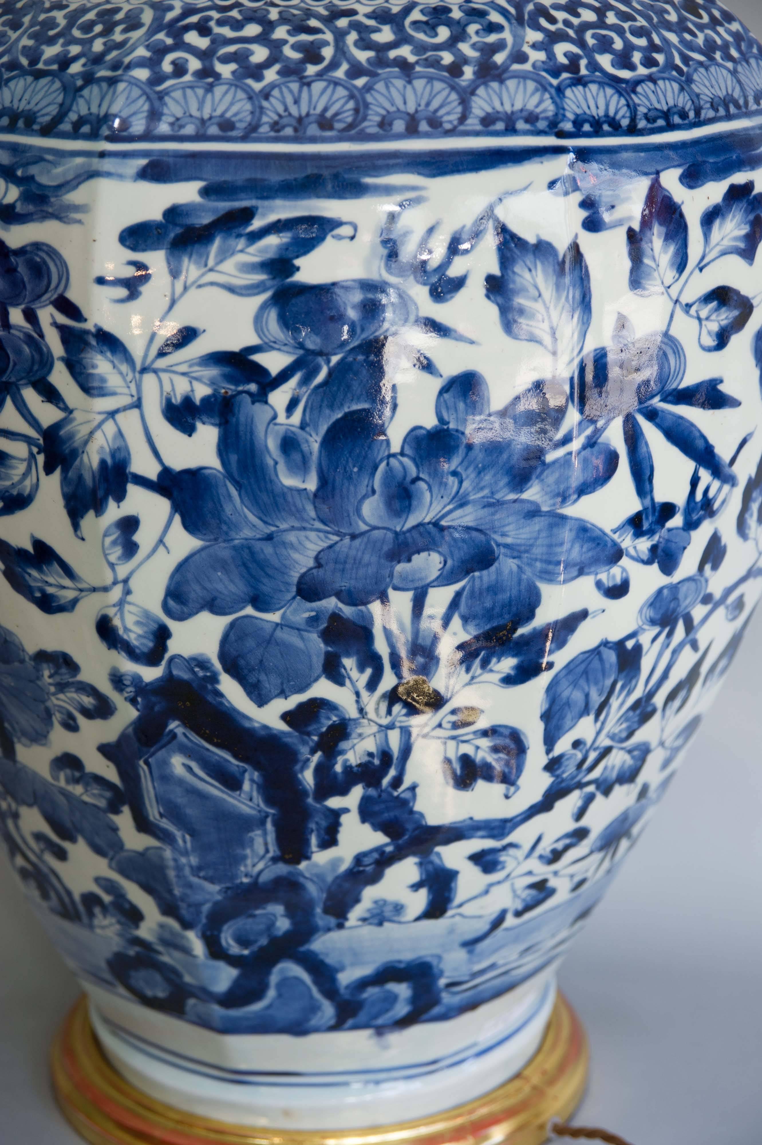 Porcelain   17th Century Japanese Octagonal Blue and White Arita Vase as a lamp