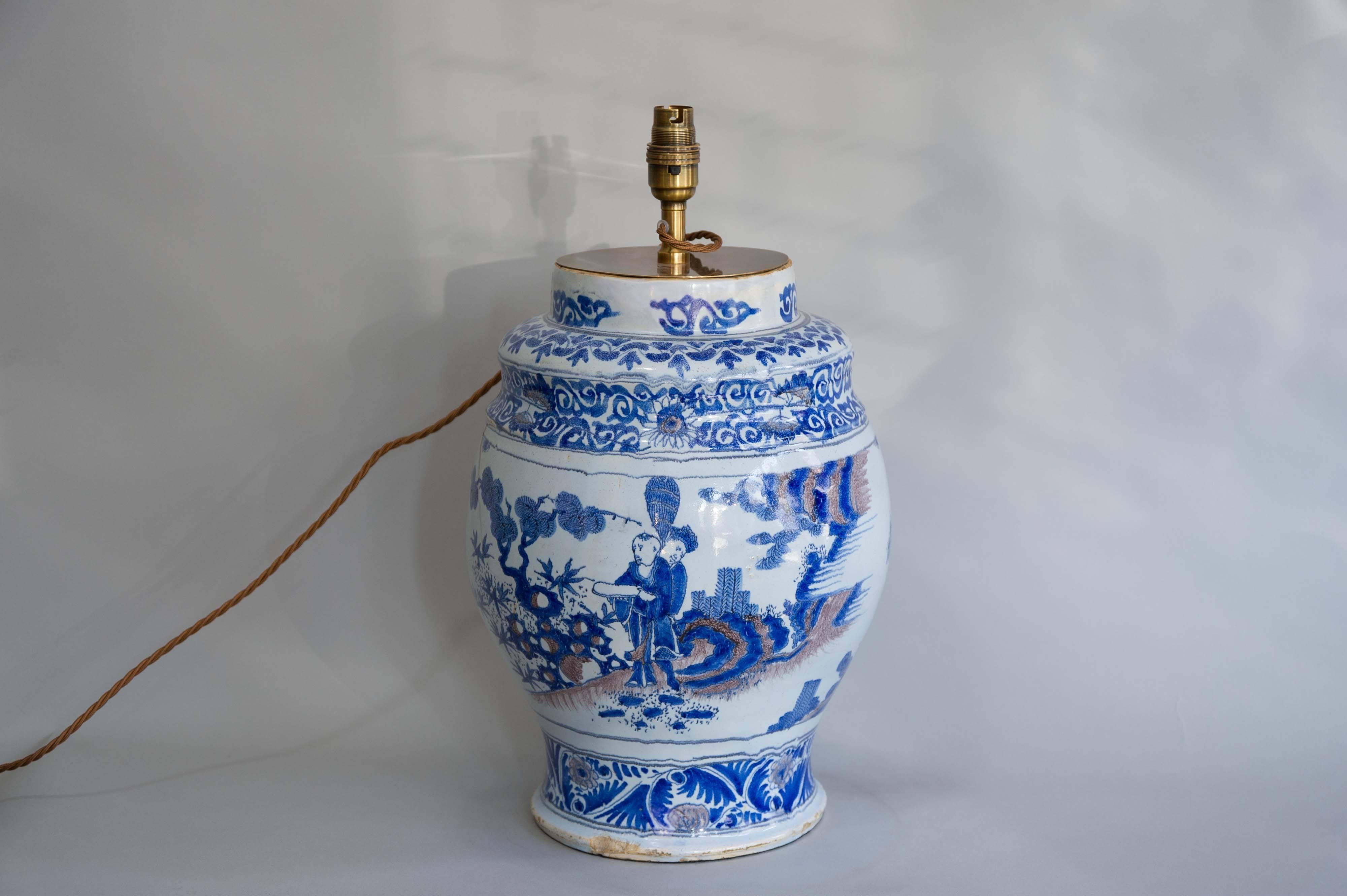 Chinoiserie 17th Century Lamped Delft Blue & White Vase with Manganese Highlights