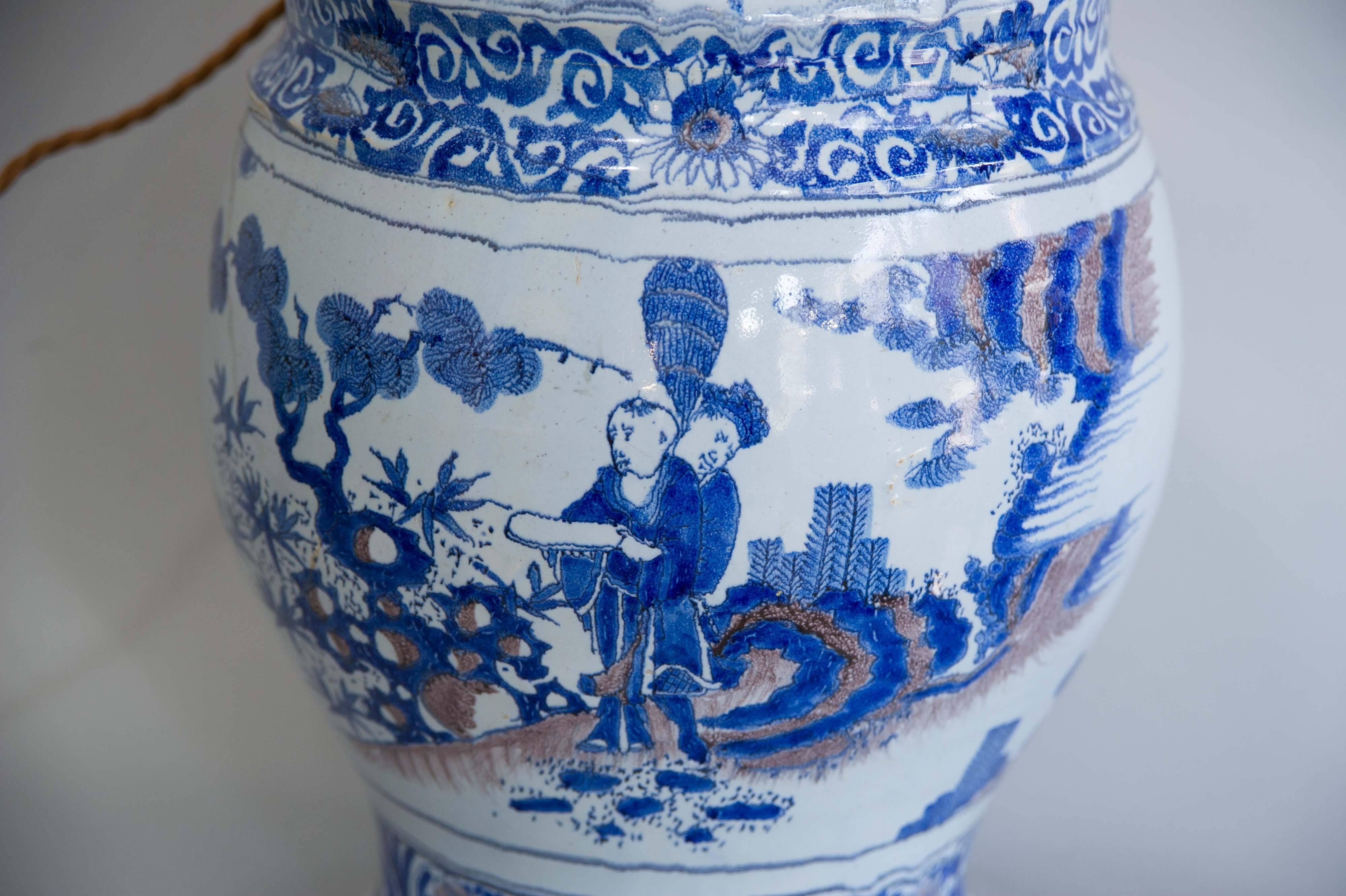 Dutch 17th Century Lamped Delft Blue & White Vase with Manganese Highlights
