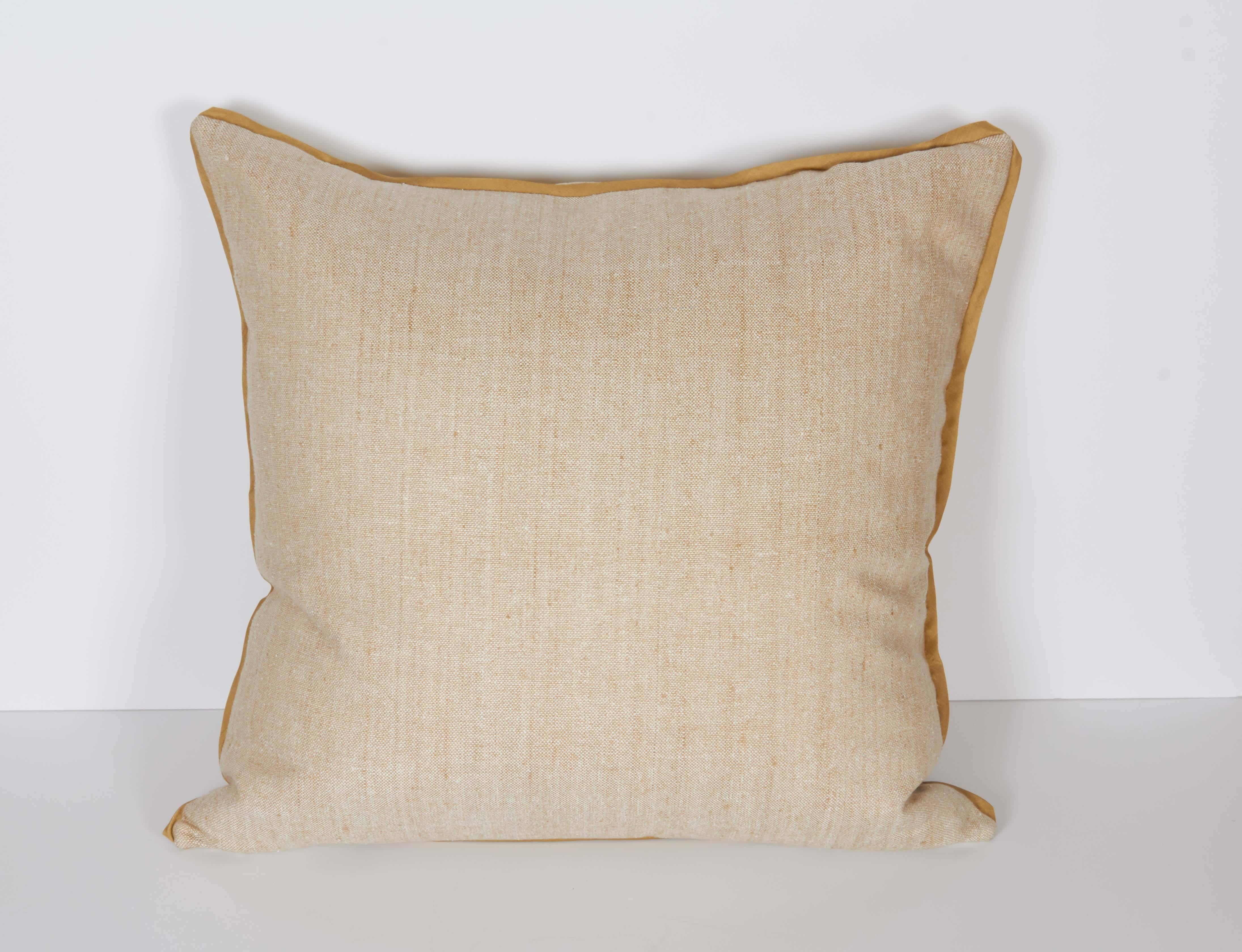 A  Fortuny fabric cushion in the Jupon pattern, ivory silk backs and silk bias edging
Newly made using vintage Fortuny fabric, circa 1960
50 down/50 feather insert.