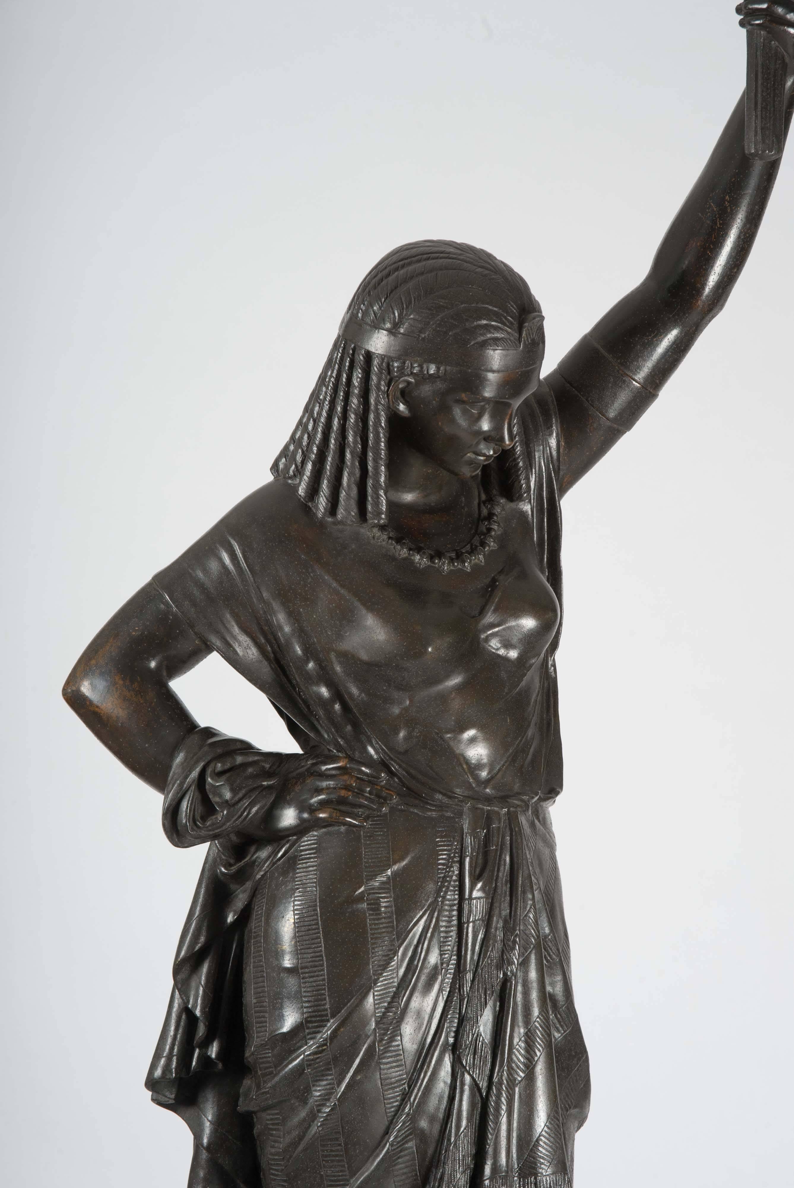 Large French Bronze Egyptian Female Figure with Original Light Fixture In Excellent Condition In London, GB