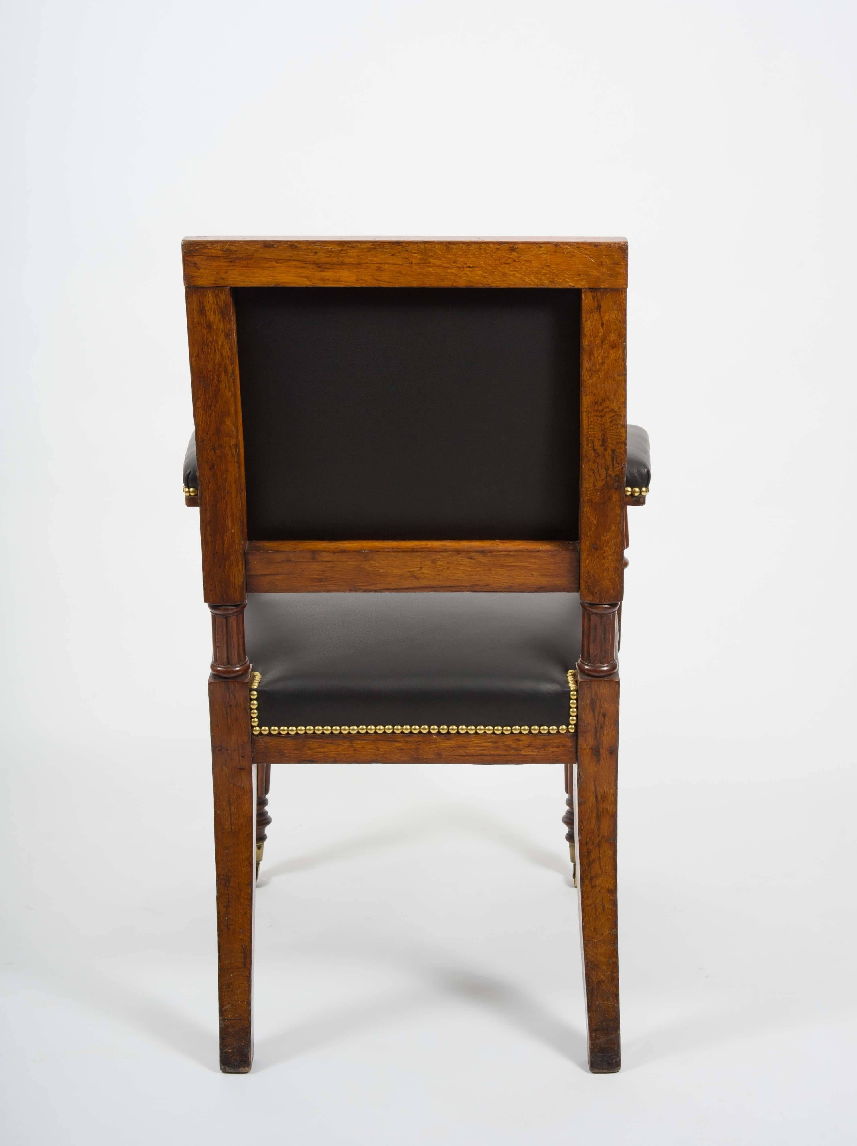 Brass Pair of English Oak Elbow Chairs on Reeded Legs